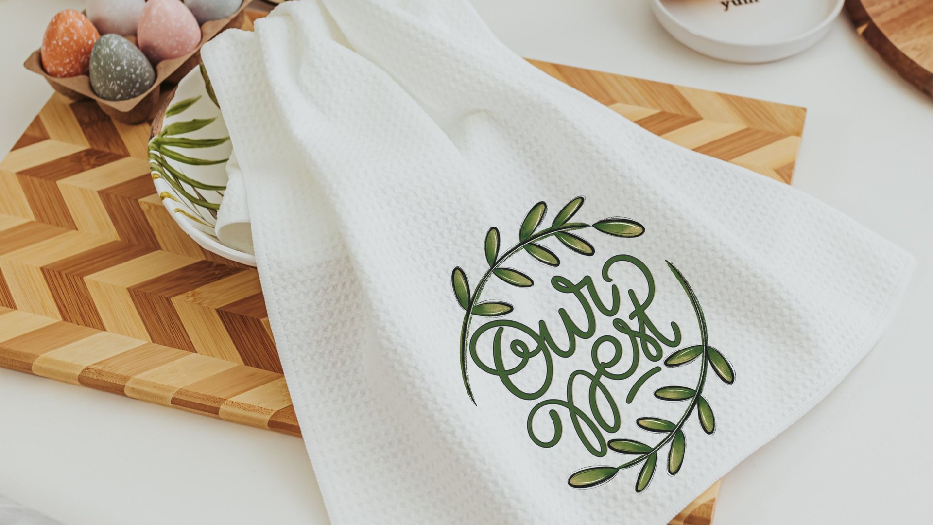 botanical throw pillow for sofa, our nest kitchen towels for friends, new home housewarming gift set for couple, greenery wedding gifts for