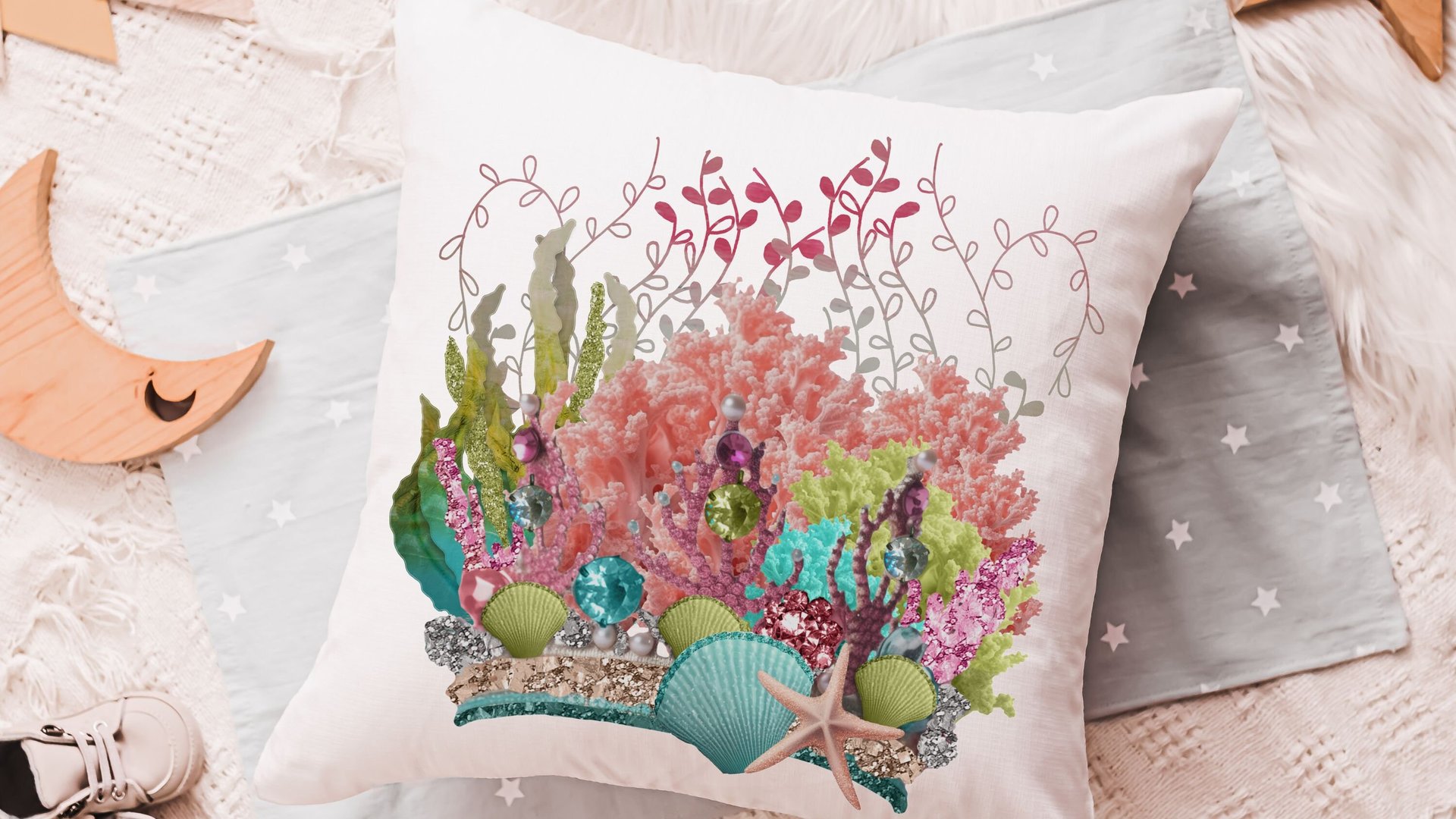 mermaid vibes colorful throw pillow for teenage girls, coral reef nursery decor girl, mermaid decor for girls room, reading nook pillow