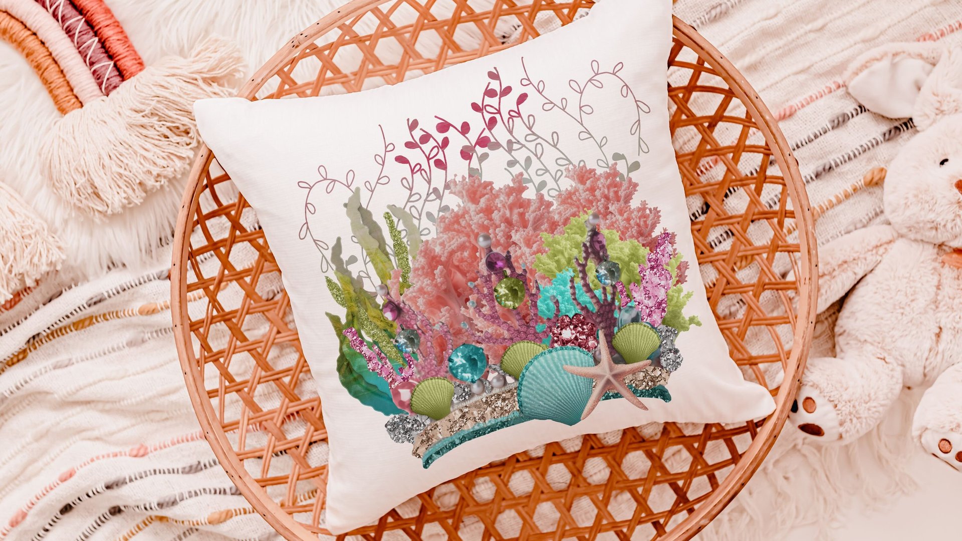 mermaid vibes colorful throw pillow for teenage girls, coral reef nursery decor girl, mermaid decor for girls room, reading nook pillow