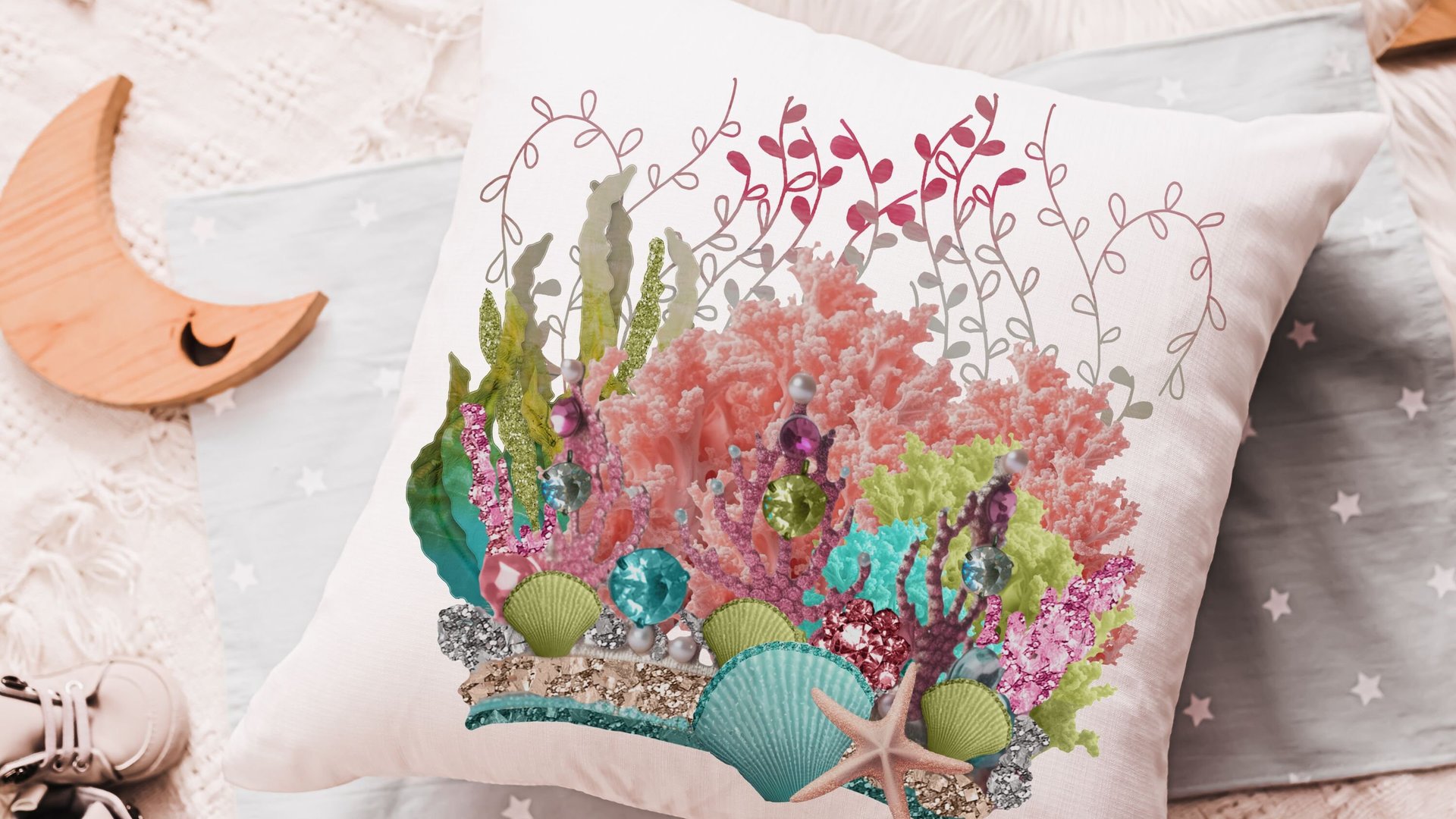 mermaid vibes colorful throw pillow for teenage girls, coral reef nursery decor girl, mermaid decor for girls room, reading nook pillow