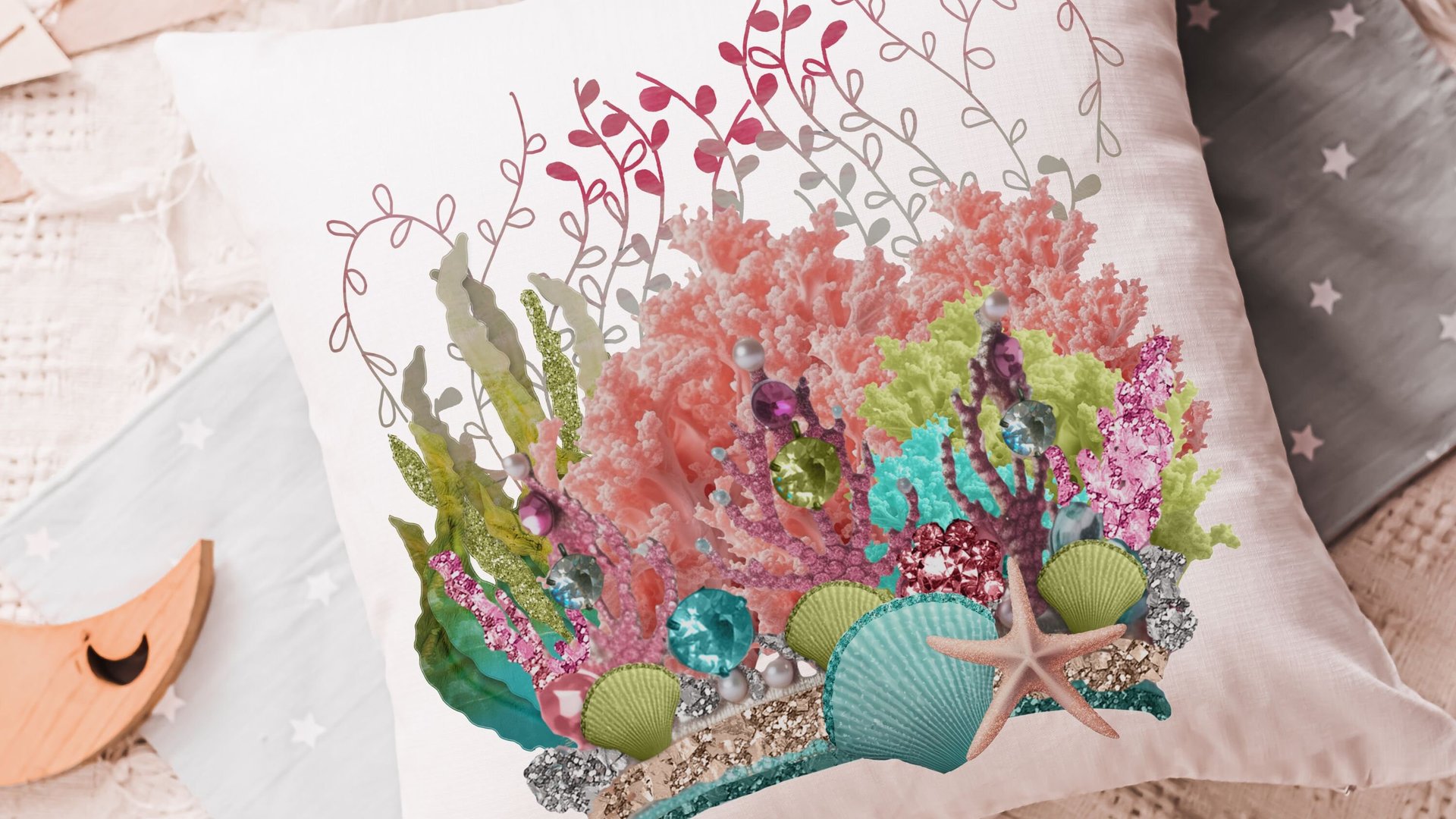 mermaid vibes colorful throw pillow for teenage girls, coral reef nursery decor girl, mermaid decor for girls room, reading nook pillow