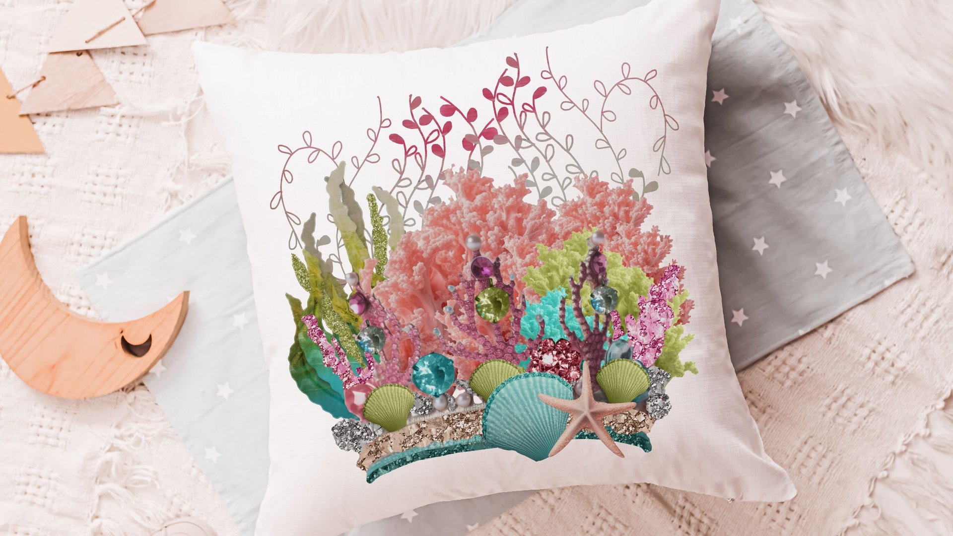 mermaid vibes colorful throw pillow for teenage girls, coral reef nursery decor girl, mermaid decor for girls room, reading nook pillow