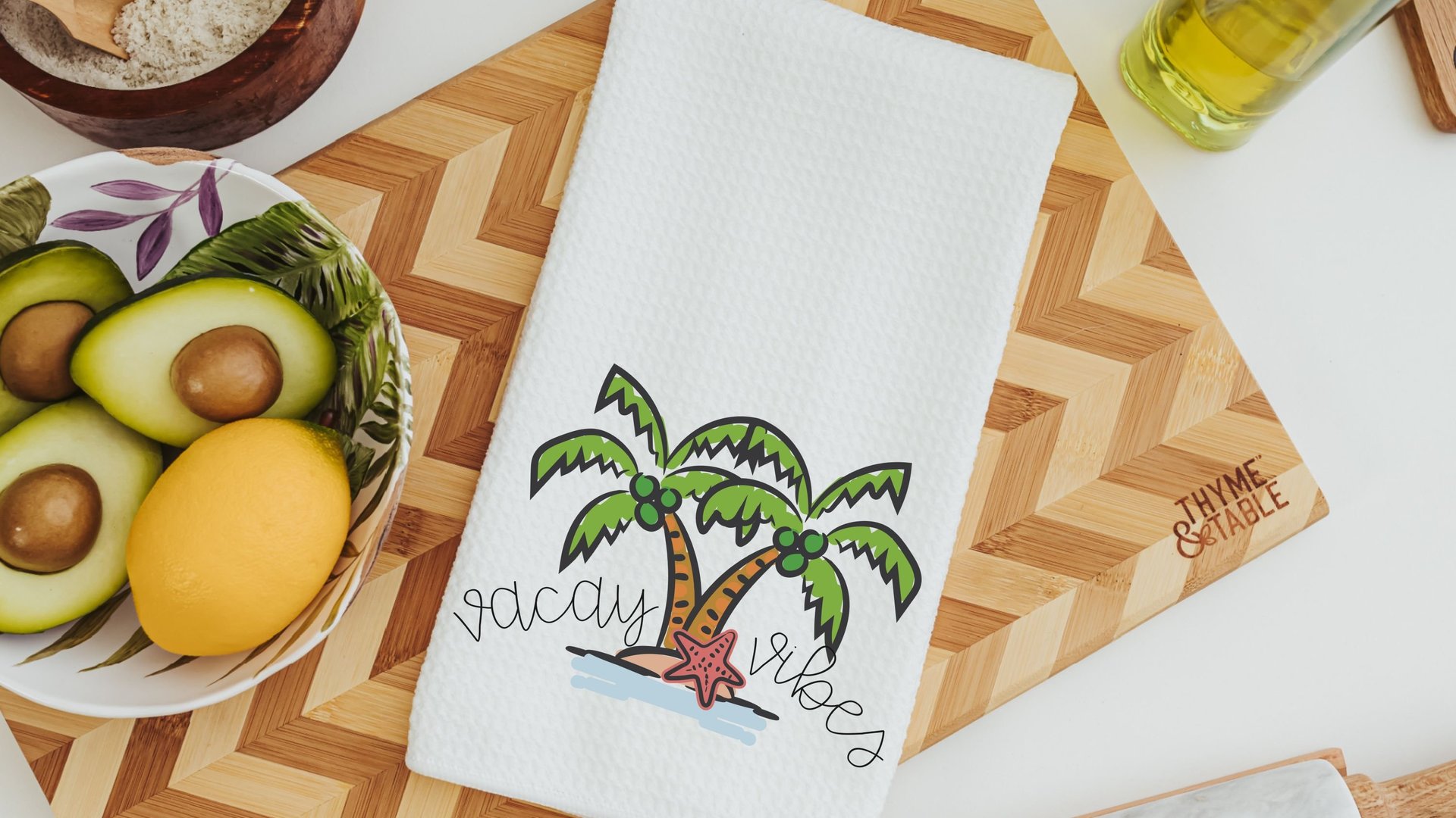 vacay vibes cute kitchen towels for beach, summer kitchen decor, destination wedding gift for couple, vacation home decor, coastal bathroom
