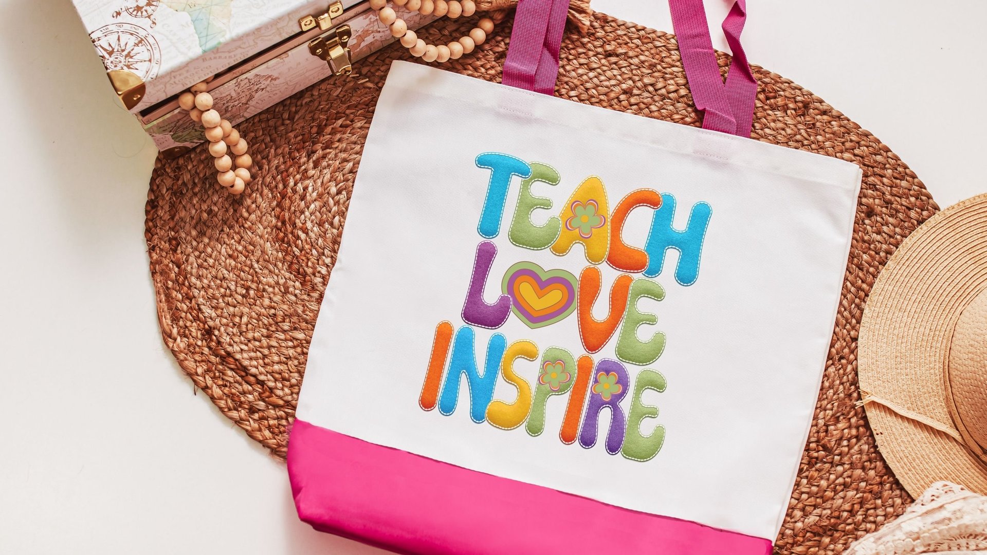 teach love inspire hippie tote bag for school, cute teacher appreciation gift from class, first year teacher gifts for women, whimsical tote