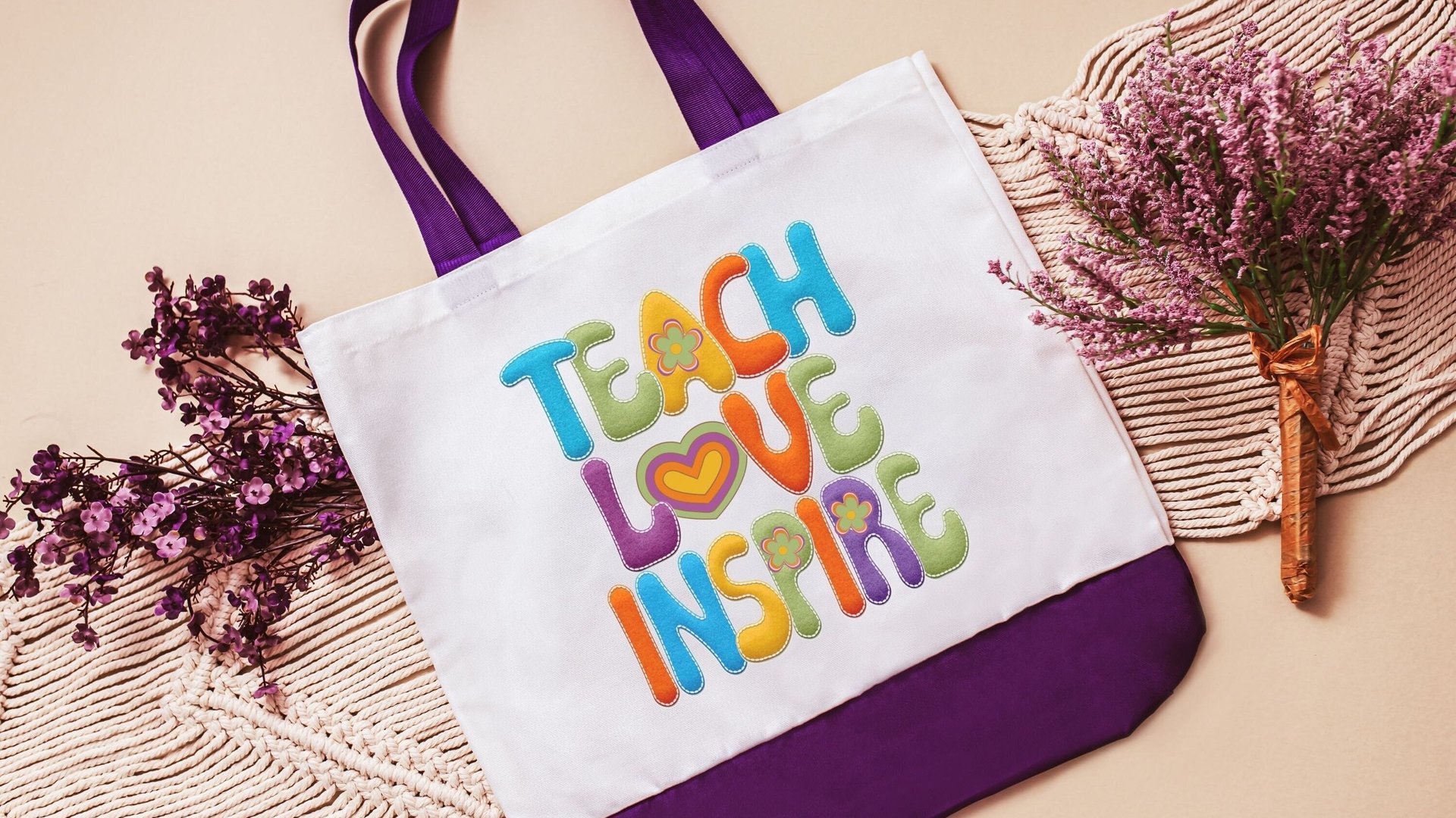 teach love inspire hippie tote bag for school, cute teacher appreciation gift from class, first year teacher gifts for women, whimsical tote