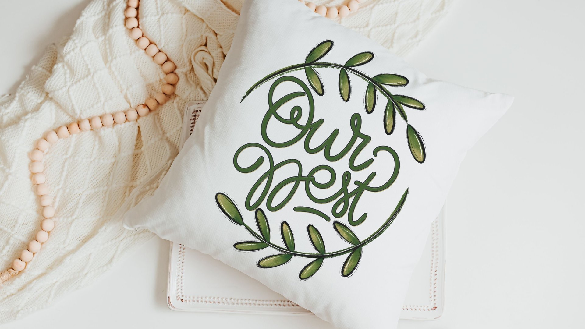 botanical throw pillow for sofa, our nest kitchen towels for friends, new home housewarming gift set for couple, greenery wedding gifts for