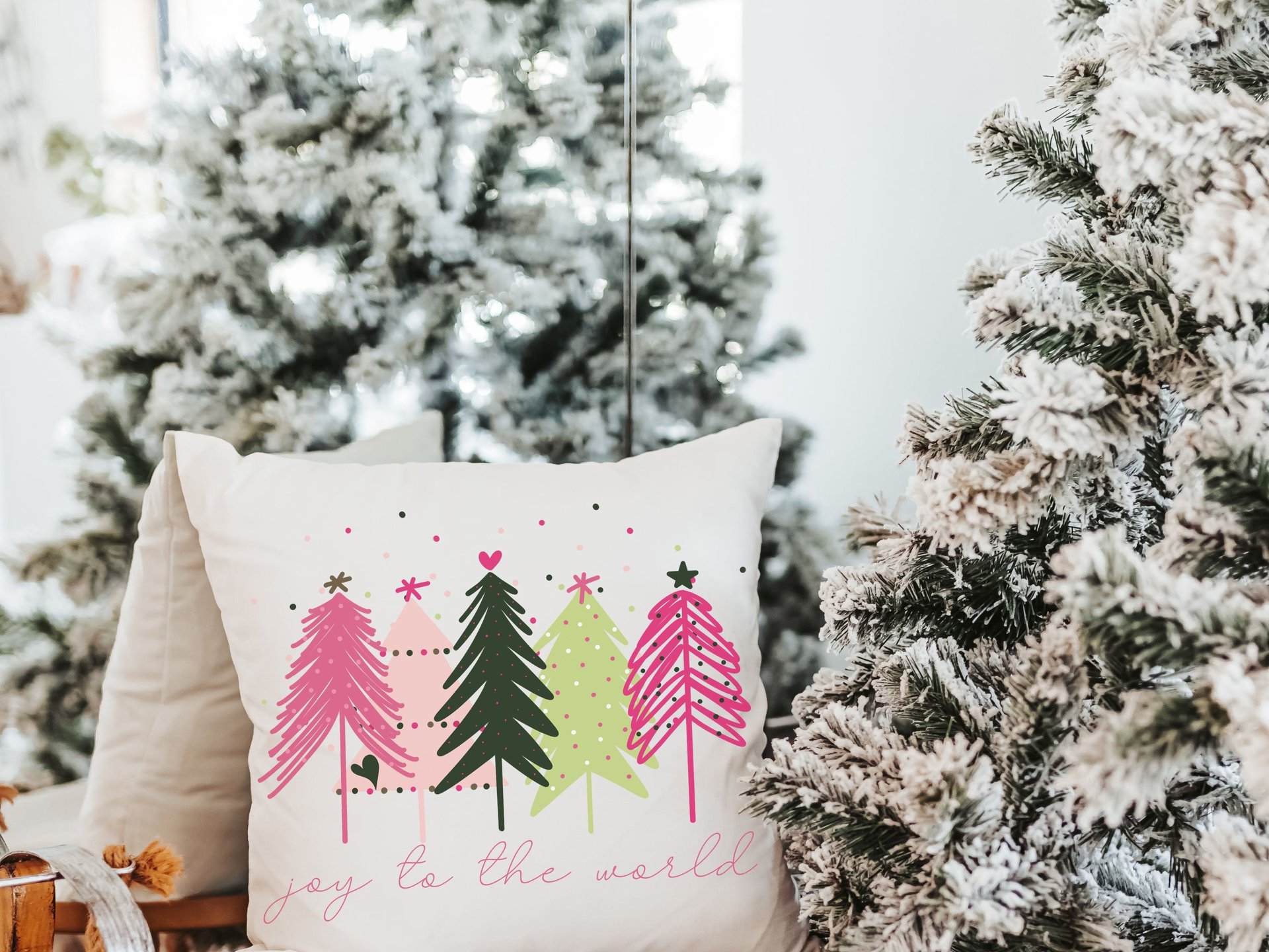 joy to the world cute Christmas throw pillows for sofa, modern Christmas decor, pink Christmas tree kitchen towel, Christmas gift set for