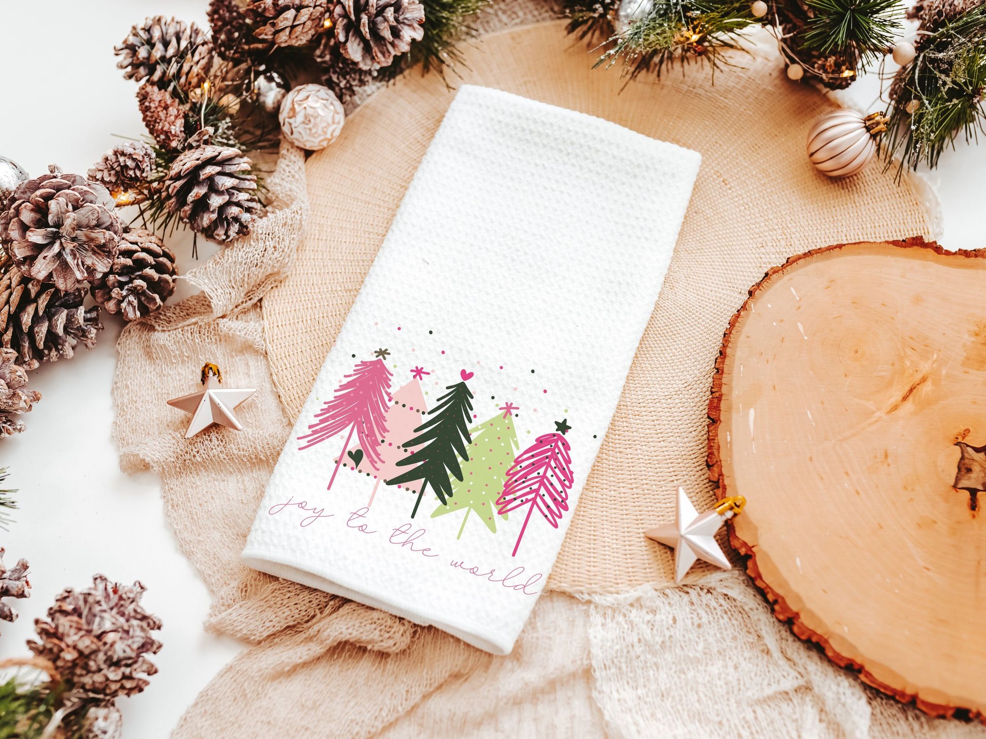 joy to the world cute Christmas throw pillows for sofa, modern Christmas decor, pink Christmas tree kitchen towel, Christmas gift set for
