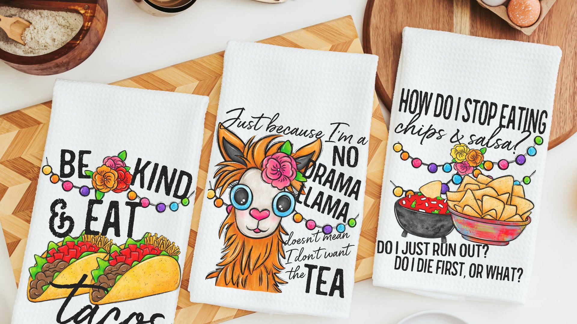 sassy kitchen towels for family, chips and salsa fiesta decor, taco gifts, funny hand towels for kitchen, no drama llama gifts for women
