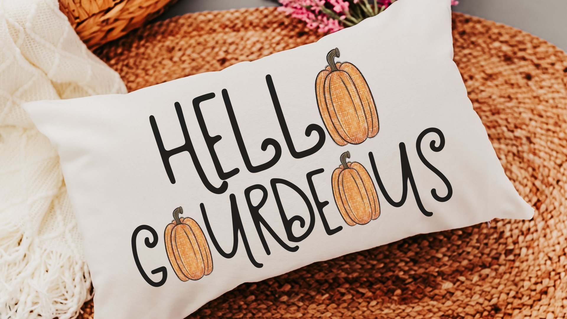 hello gourdgeous funny throw pillows for sofa, fall decor for home pumpkin lumbar pillow cover 12x20, Thanksgiving hostess gifts for women,