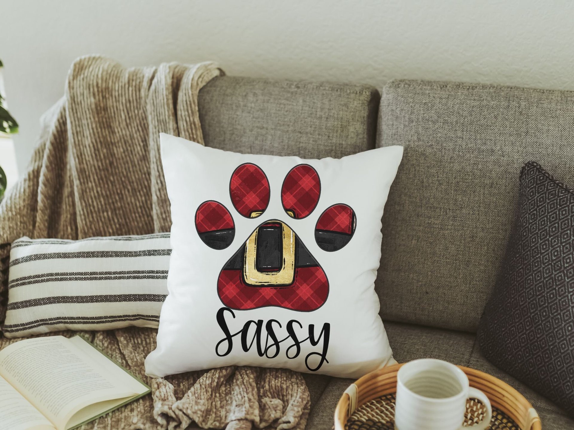personalized Santa Paws Christmas throw pillows plaid Christmas decor for home, stocking stuffers for dog mom Christmas gifts for dog lovers