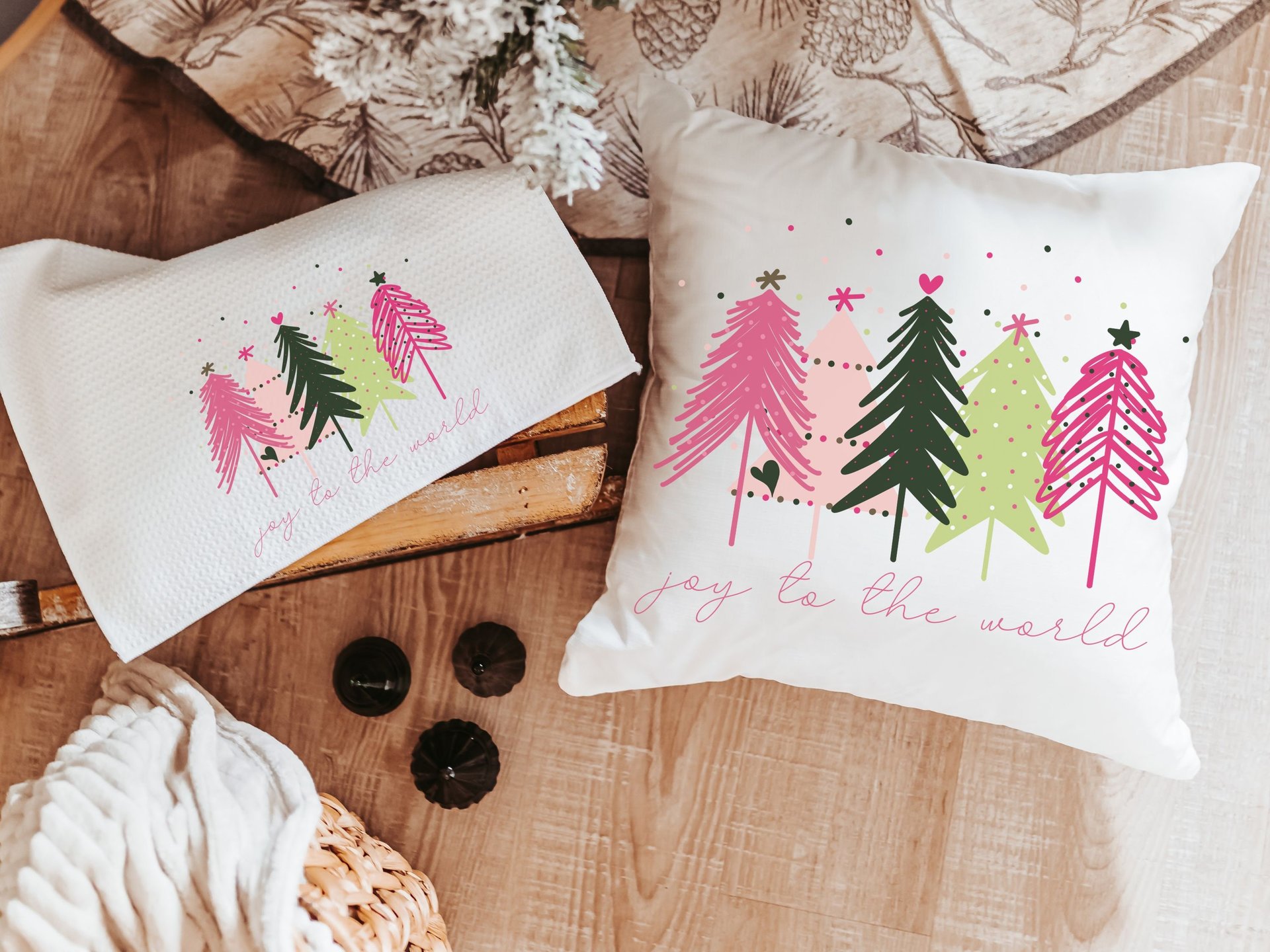 joy to the world cute Christmas throw pillows for sofa, modern Christmas decor, pink Christmas tree kitchen towel, Christmas gift set for