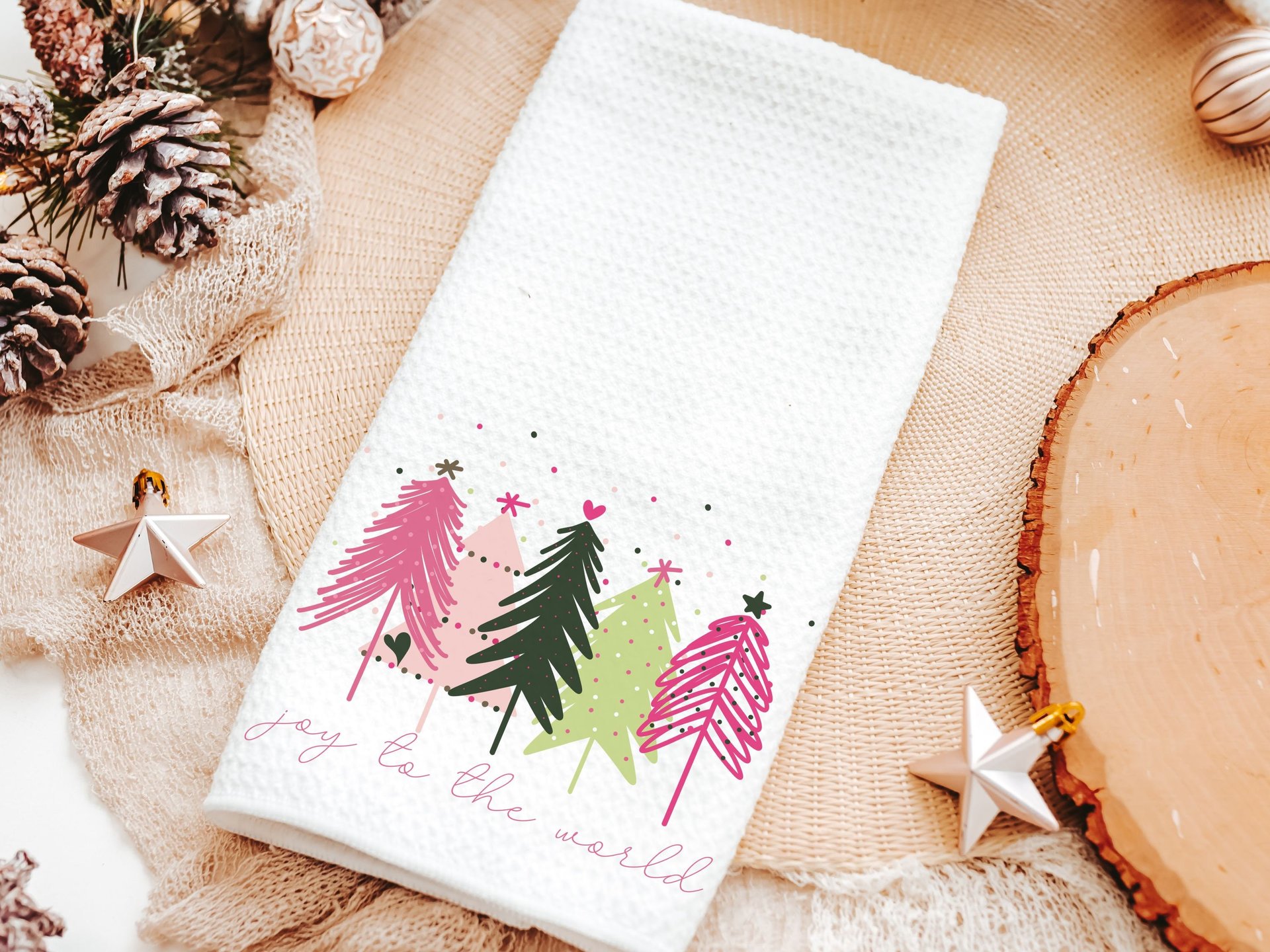 joy to the world cute Christmas throw pillows for sofa, modern Christmas decor, pink Christmas tree kitchen towel, Christmas gift set for