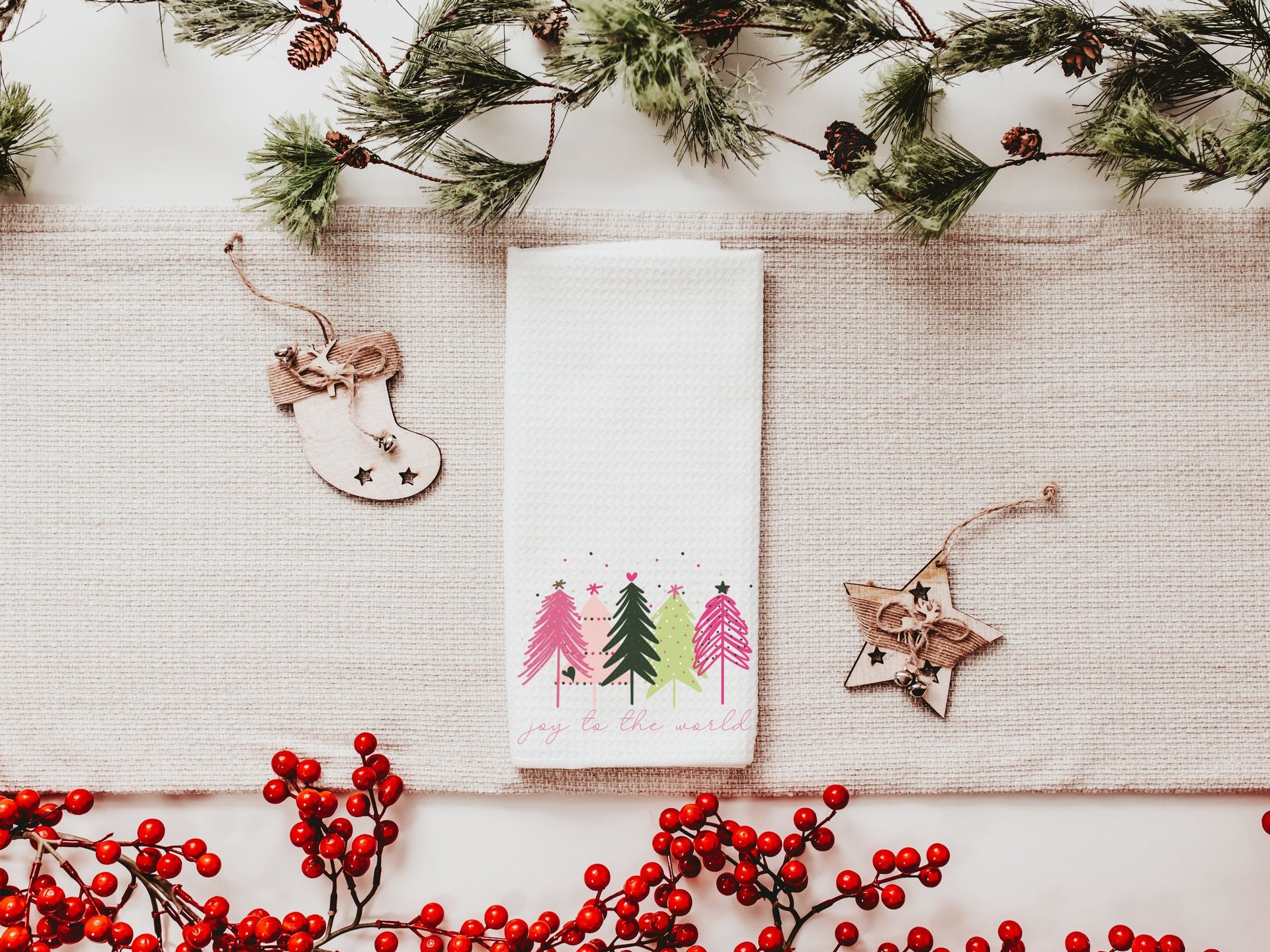 joy to the world cute Christmas throw pillows for sofa, modern Christmas decor, pink Christmas tree kitchen towel, Christmas gift set for