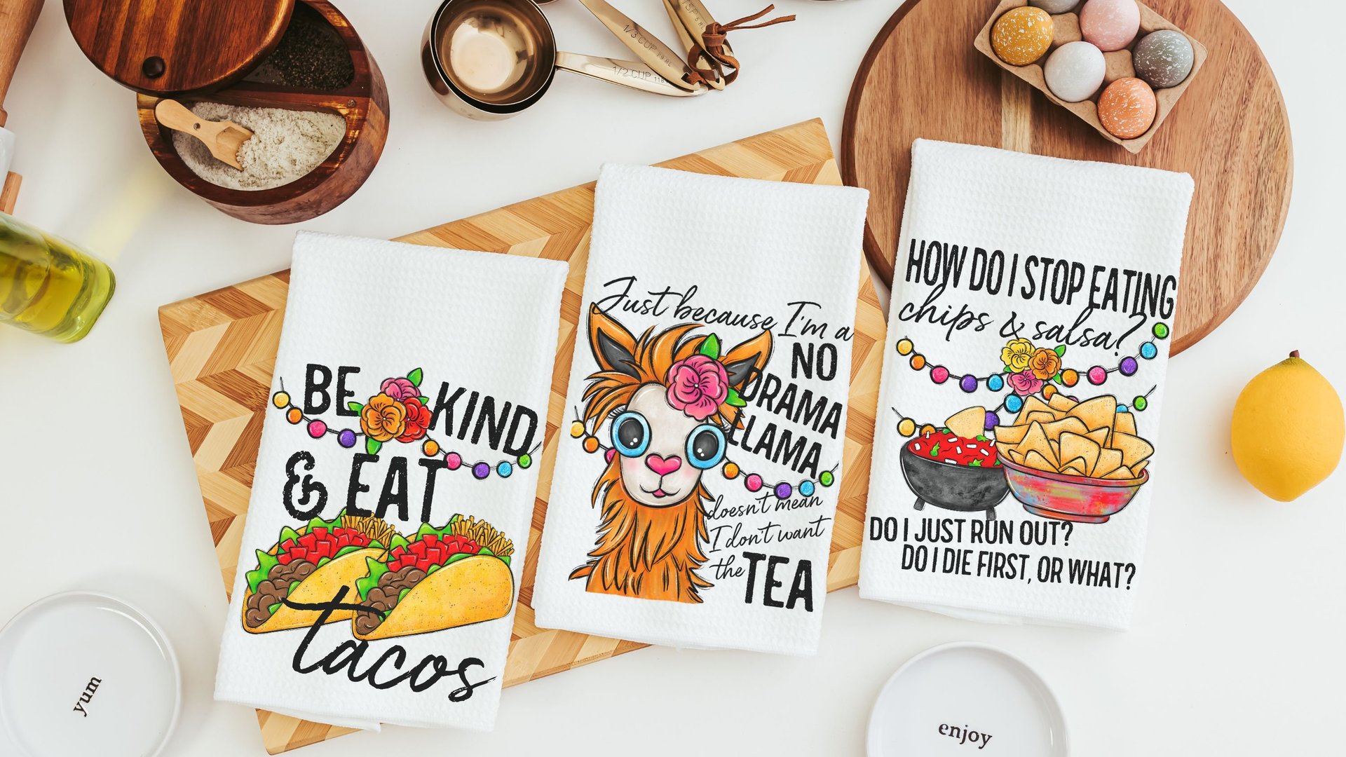 sassy kitchen towels for family, chips and salsa fiesta decor, taco gifts, funny hand towels for kitchen, no drama llama gifts for women
