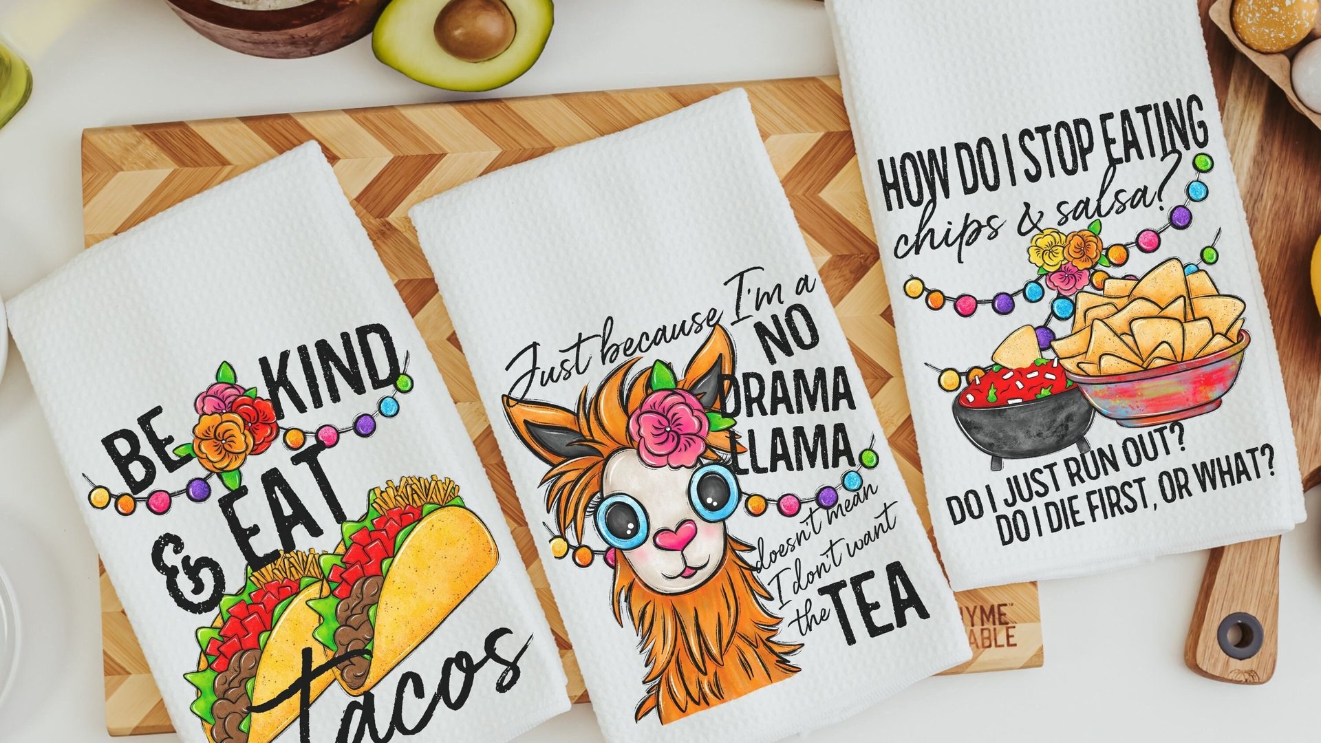 sassy kitchen towels for family, chips and salsa fiesta decor, taco gifts, funny hand towels for kitchen, no drama llama gifts for women