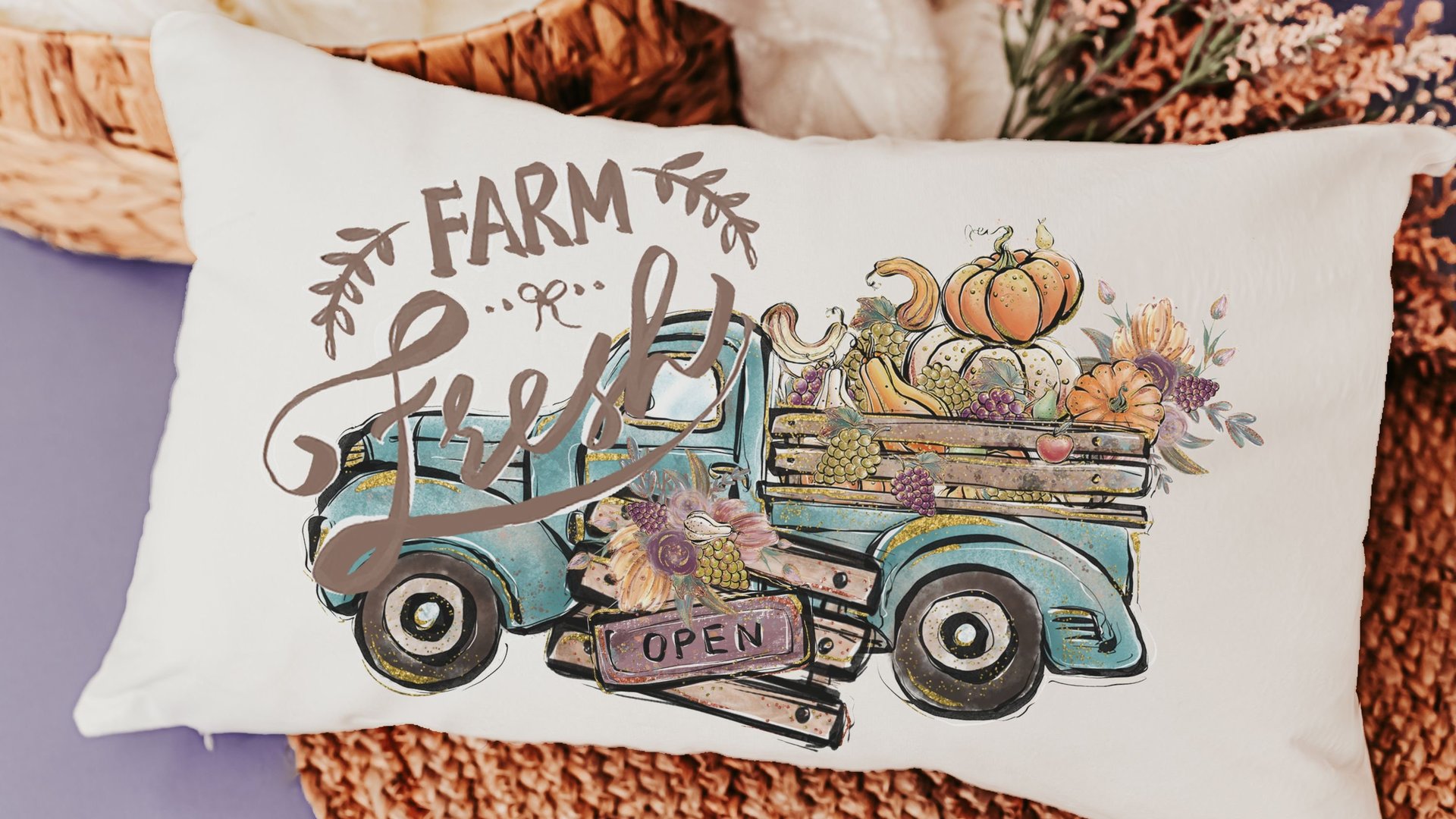 farm fresh pumpkin truck lumbar throw pillow for chair, fall style gift, turquoise fall decor for home pillow, fall host gift, watercolor