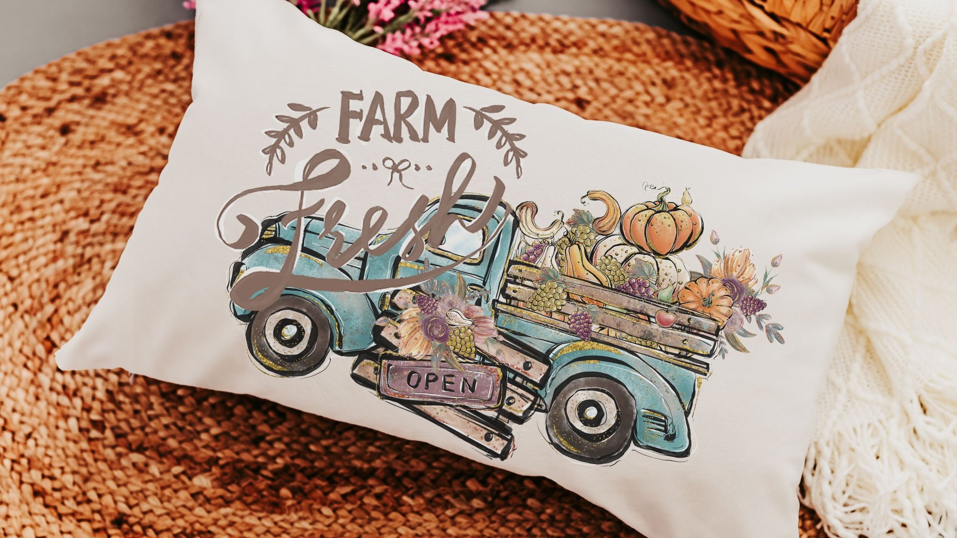 farm fresh pumpkin truck lumbar throw pillow for chair, fall style gift, turquoise fall decor for home pillow, fall host gift, watercolor