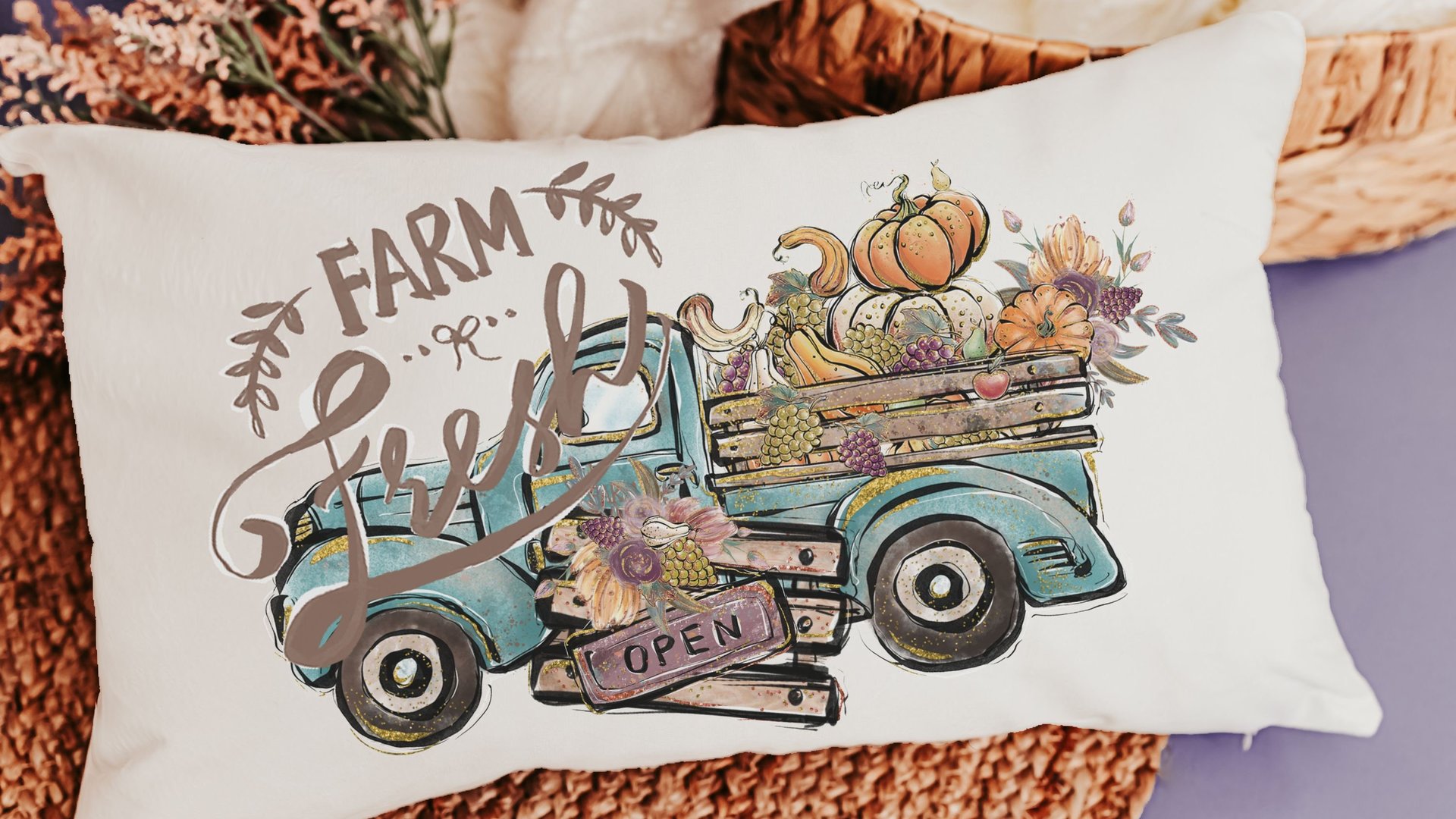 farm fresh pumpkin truck lumbar throw pillow for chair, fall style gift, turquoise fall decor for home pillow, fall host gift, watercolor
