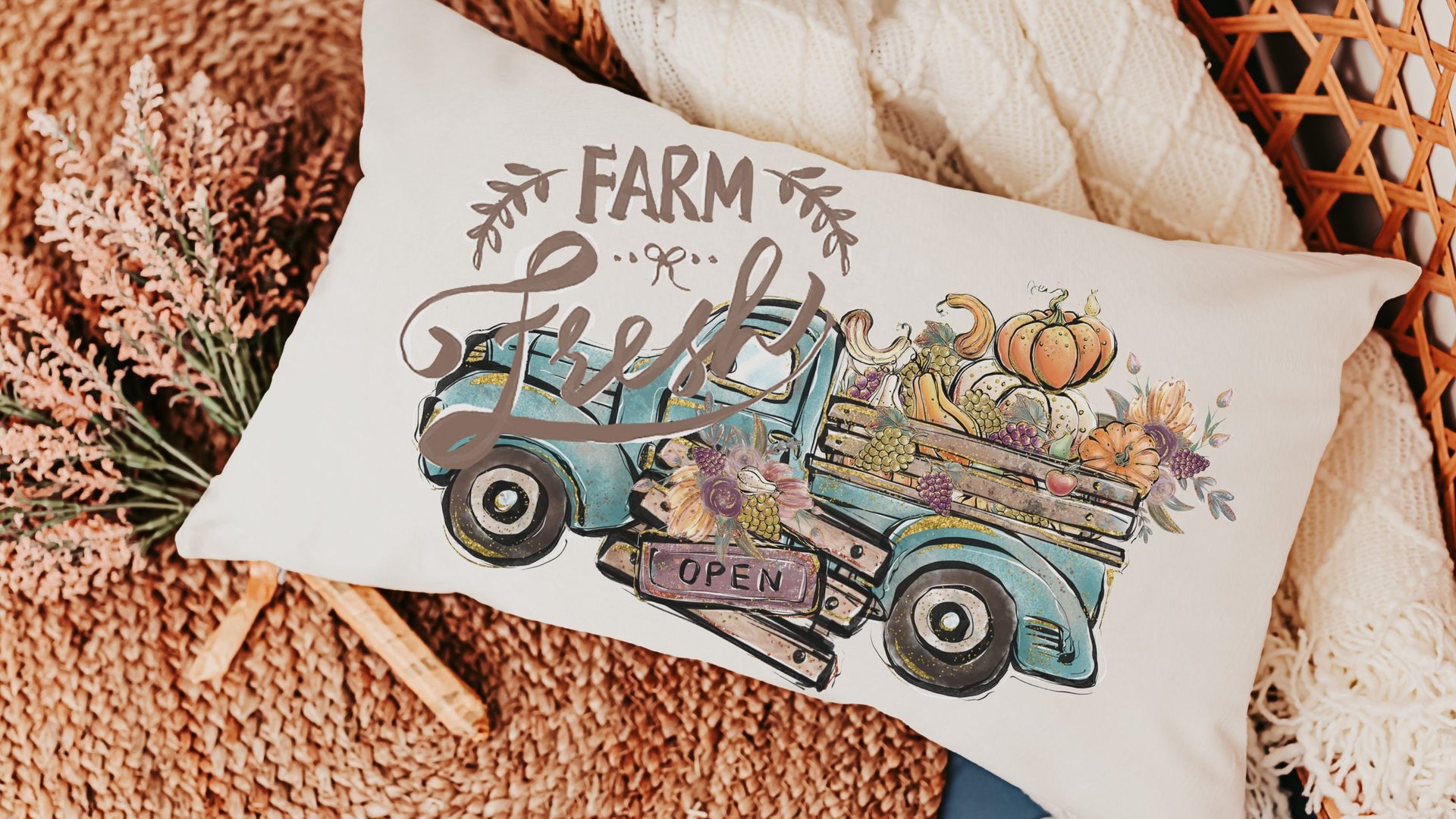 farm fresh pumpkin truck lumbar throw pillow for chair, fall style gift, turquoise fall decor for home pillow, fall host gift, watercolor