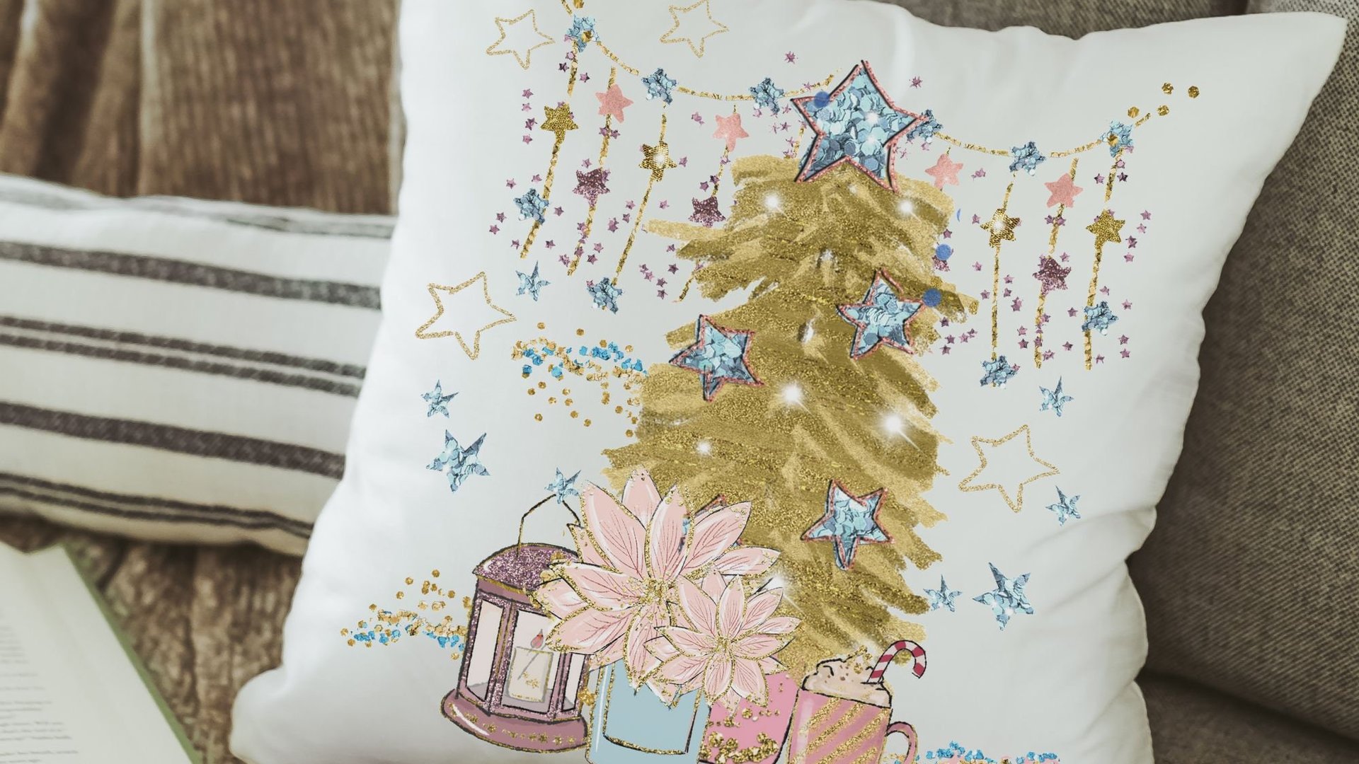 gold Christmas tree Christmas throw pillows for couch, mauve Christmas decor for home, trendy Christmas hostess gifts for women, secret