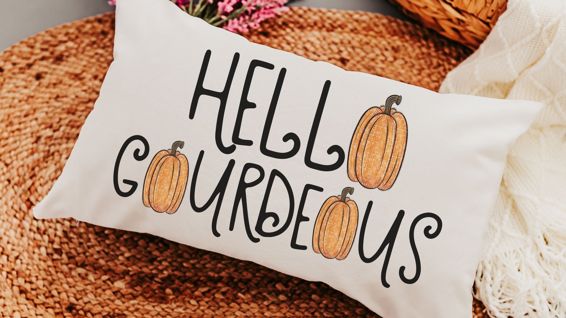 hello gourdgeous funny throw pillows for sofa, fall decor for home pumpkin lumbar pillow cover 12x20, Thanksgiving hostess gifts for women,