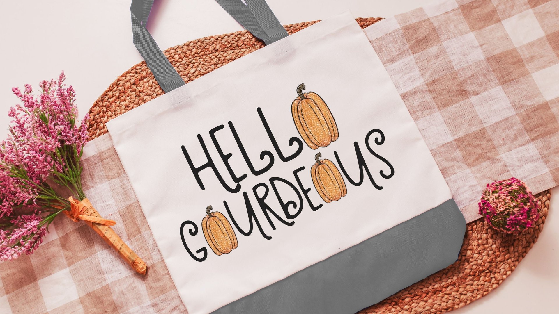 hello gourdgeous pumpkin tote bag for women, fall style gift, boo basket stuffers for teens, fall host gift, Halloween candy bag for adults