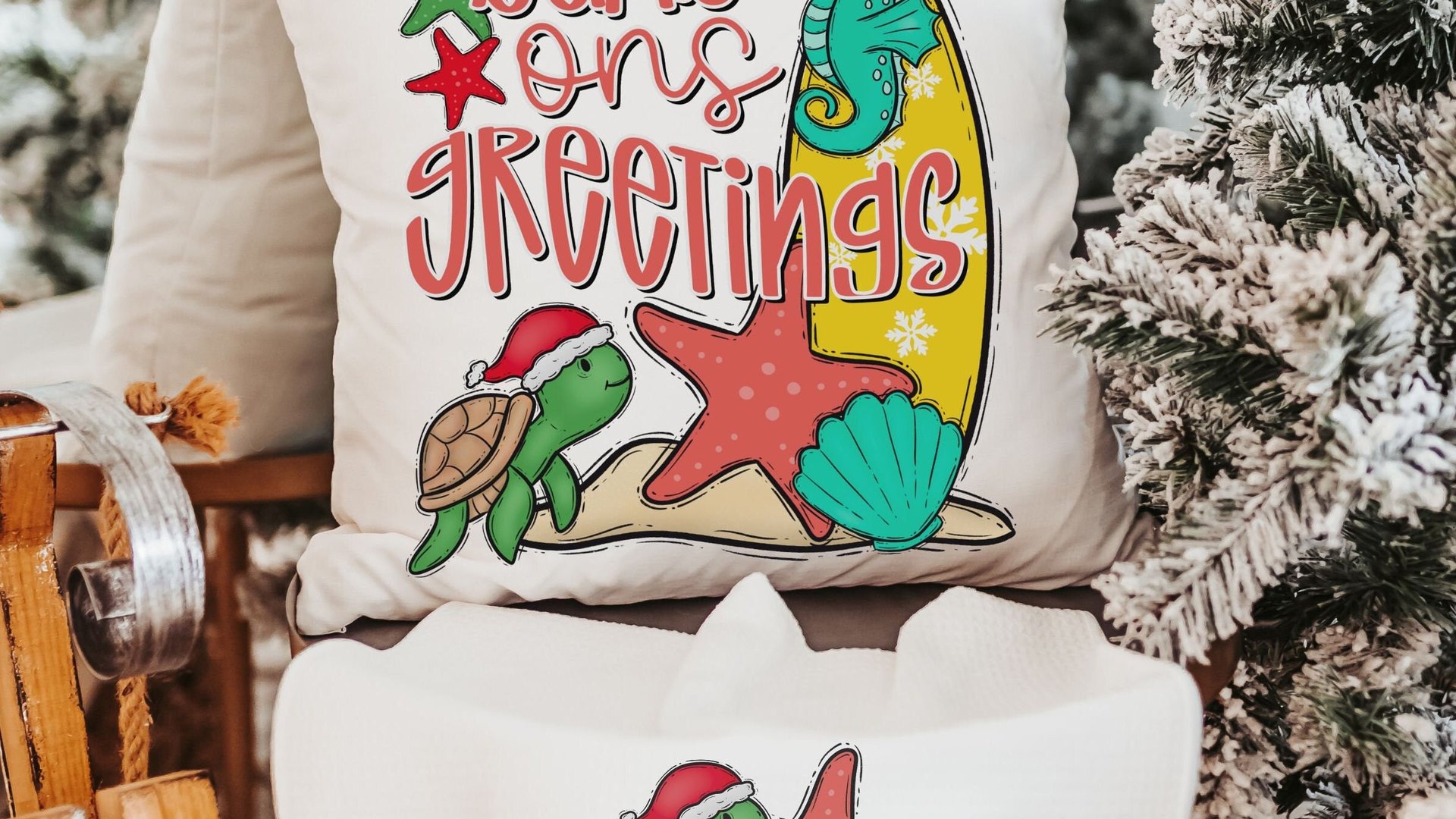 seasons greetings Christmas turtle decorative pillow covers tropical Christmas throw pillows for kids playroom, beach Christmas best sellers