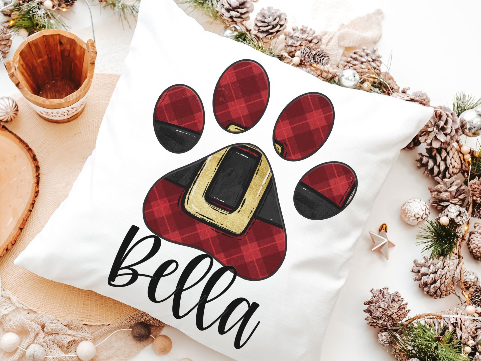 personalized Santa Paws Christmas throw pillows plaid Christmas decor for home, stocking stuffers for dog mom Christmas gifts for dog lovers