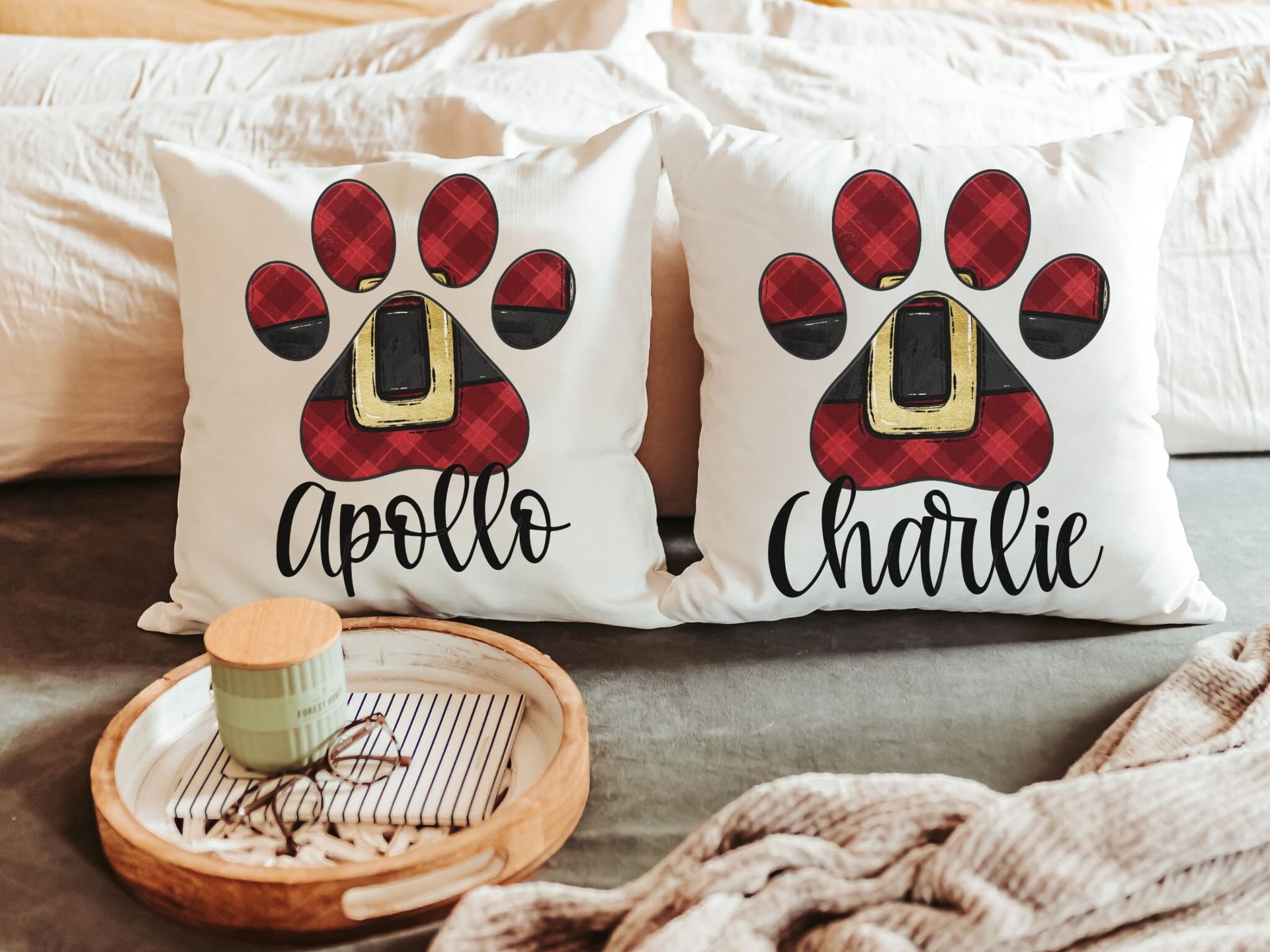 personalized Santa Paws Christmas throw pillows plaid Christmas decor for home, stocking stuffers for dog mom Christmas gifts for dog lovers