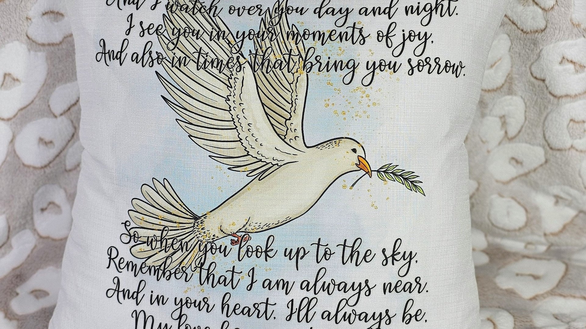 personalized dove of peace hug from Heaven pillow for couch, bereavement gift loss of mother sympathy gift for daughter, remembering a loved