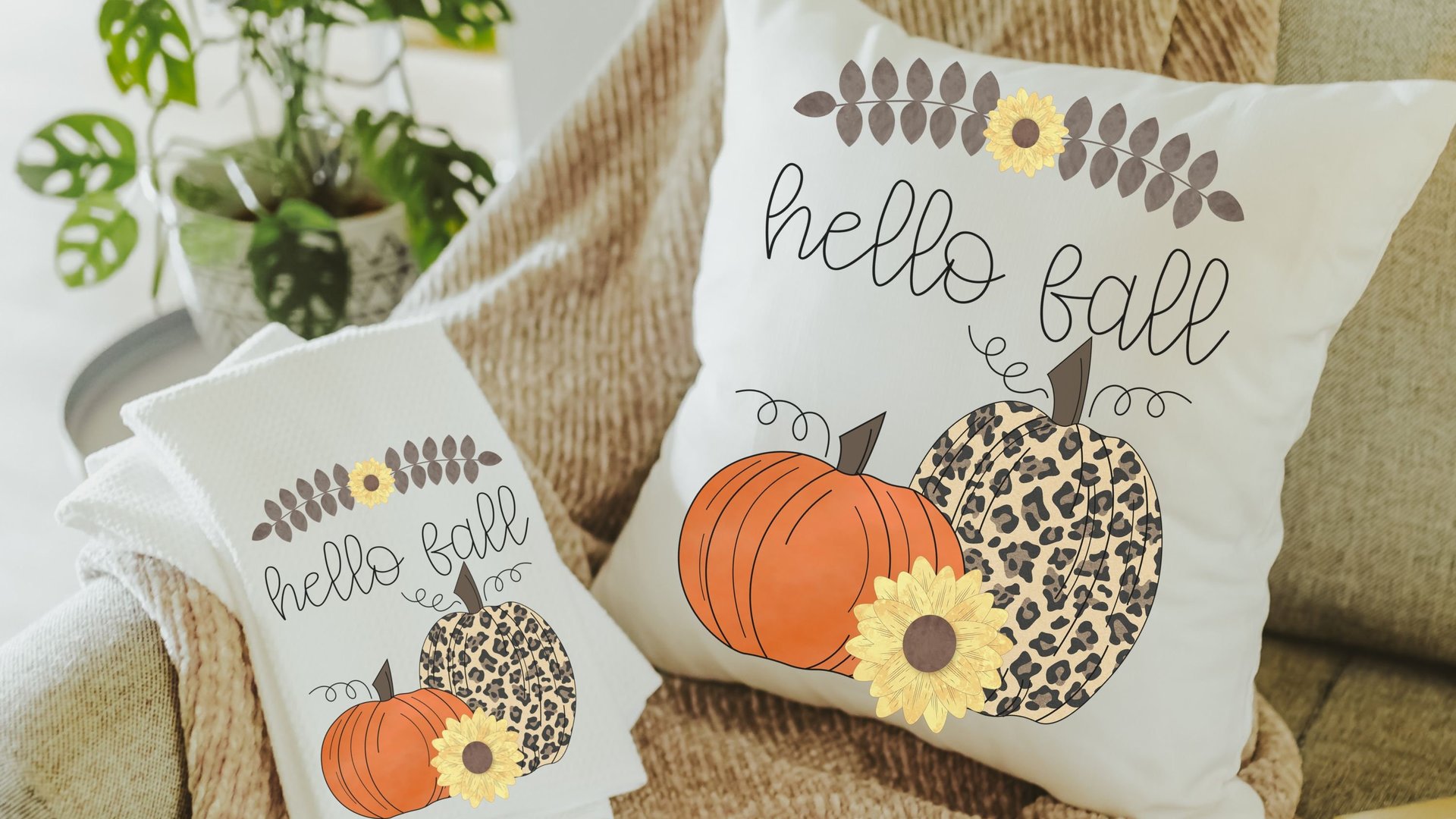 hello fall kitchen towel set, leopard pumpkin decor, sunflower gifts for Mom, new apartment gift for her, fall decorations for home, October