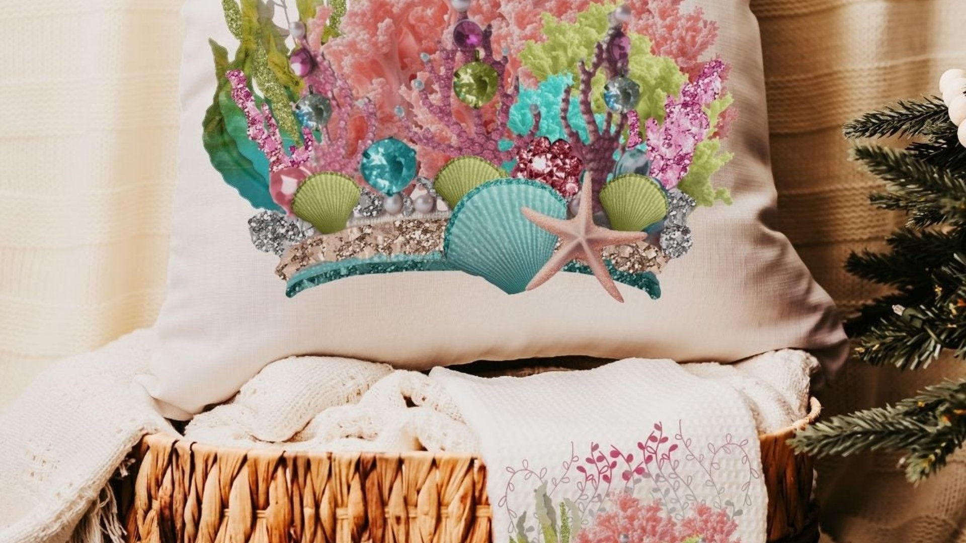 coastal Christmas ornaments for granddaughter, coral reef ornaments for girls, beach house hostess gift for women, housewarming gift set for