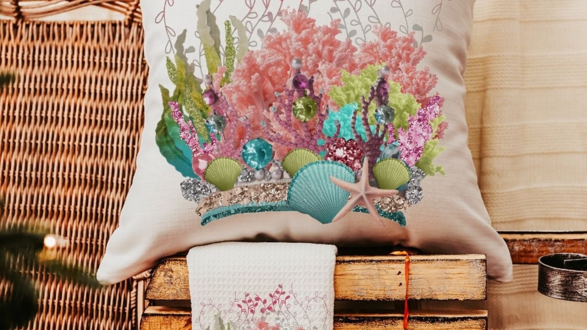 coastal Christmas ornaments for granddaughter, coral reef ornaments for girls, beach house hostess gift for women, housewarming gift set for