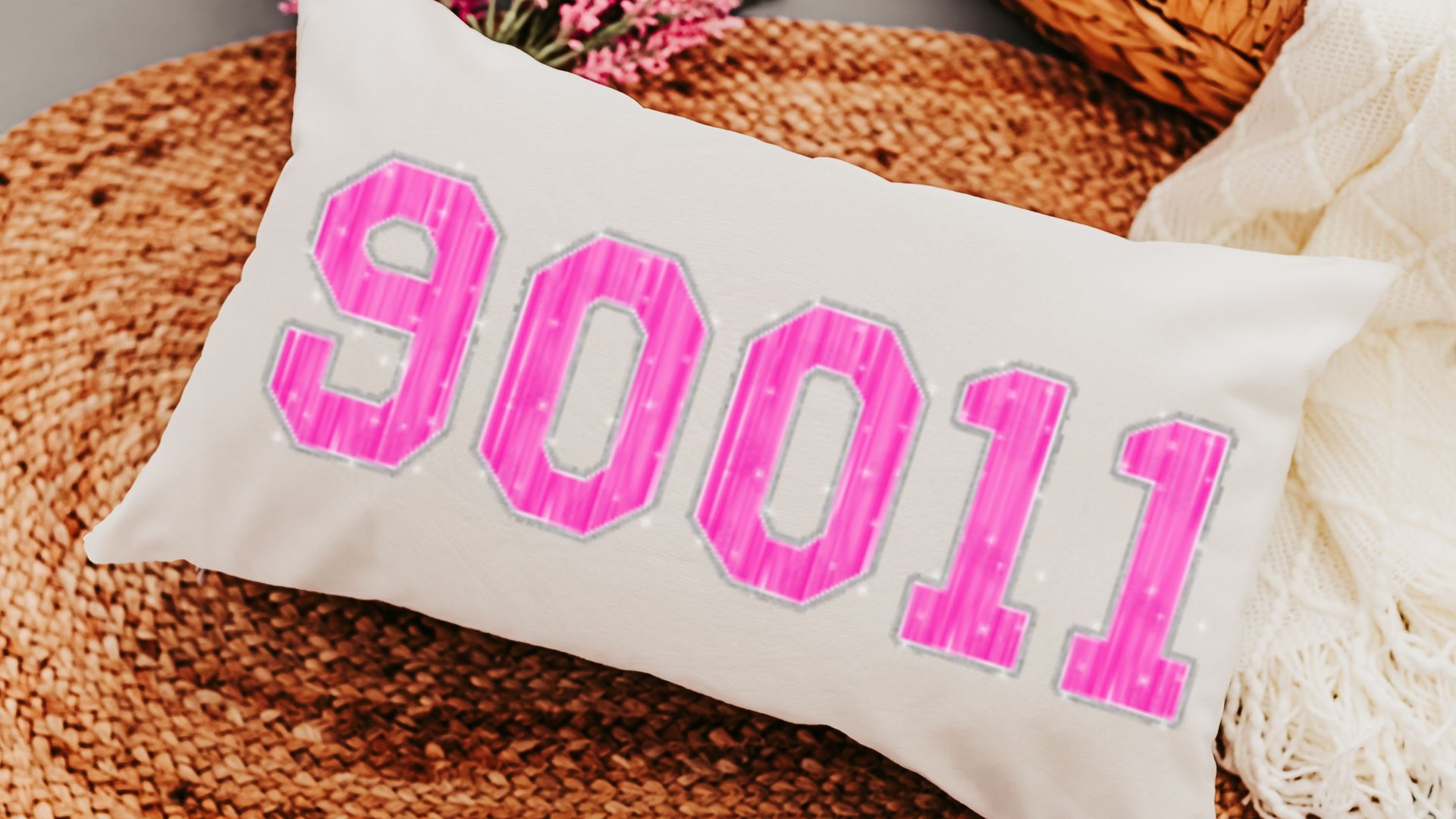 personalized zip code pillow cover 12 by 20, high school graduation gifts for girls, faux sparkle hot pink lumbar pillow for bed, moving