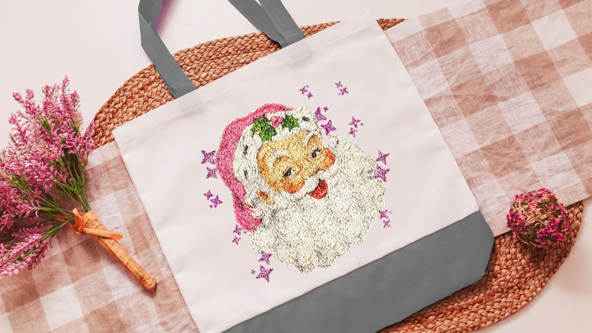 pink Santa tote bag for women, stocking stuffers for coworkers, cute Christmas gifts for preschool teachers, reusable shopping bag, pastel