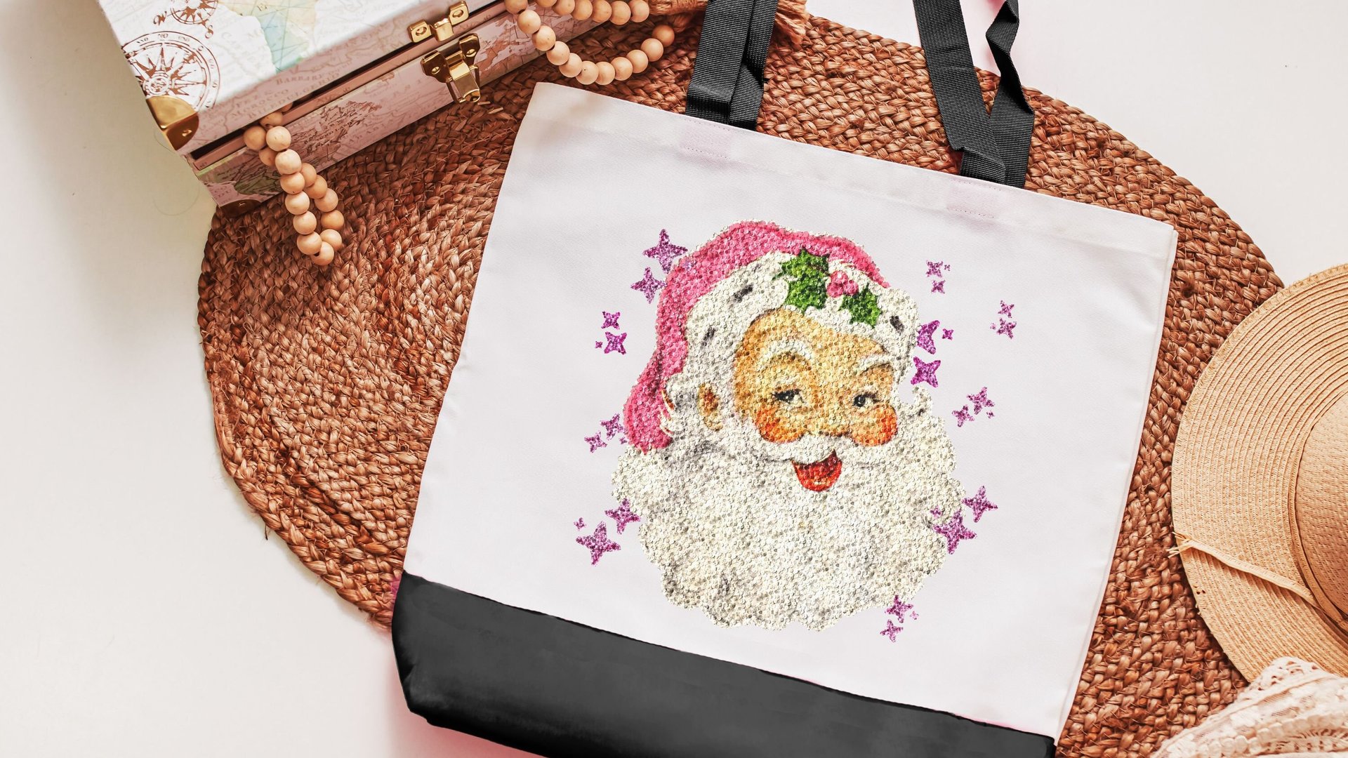 pink Santa tote bag for women, stocking stuffers for coworkers, cute Christmas gifts for preschool teachers, reusable shopping bag, pastel