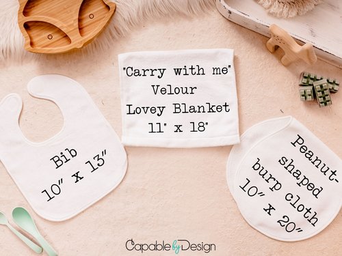CapableByDesign pig baby bodysuit, bib, peanut burp cloth, and carry with me lovey blanket
