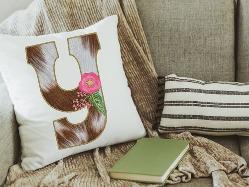 initial cowhide throw pillows for couch, country wedding gift for couple, new home gift set, personalized floral cowhide kitchen towels set