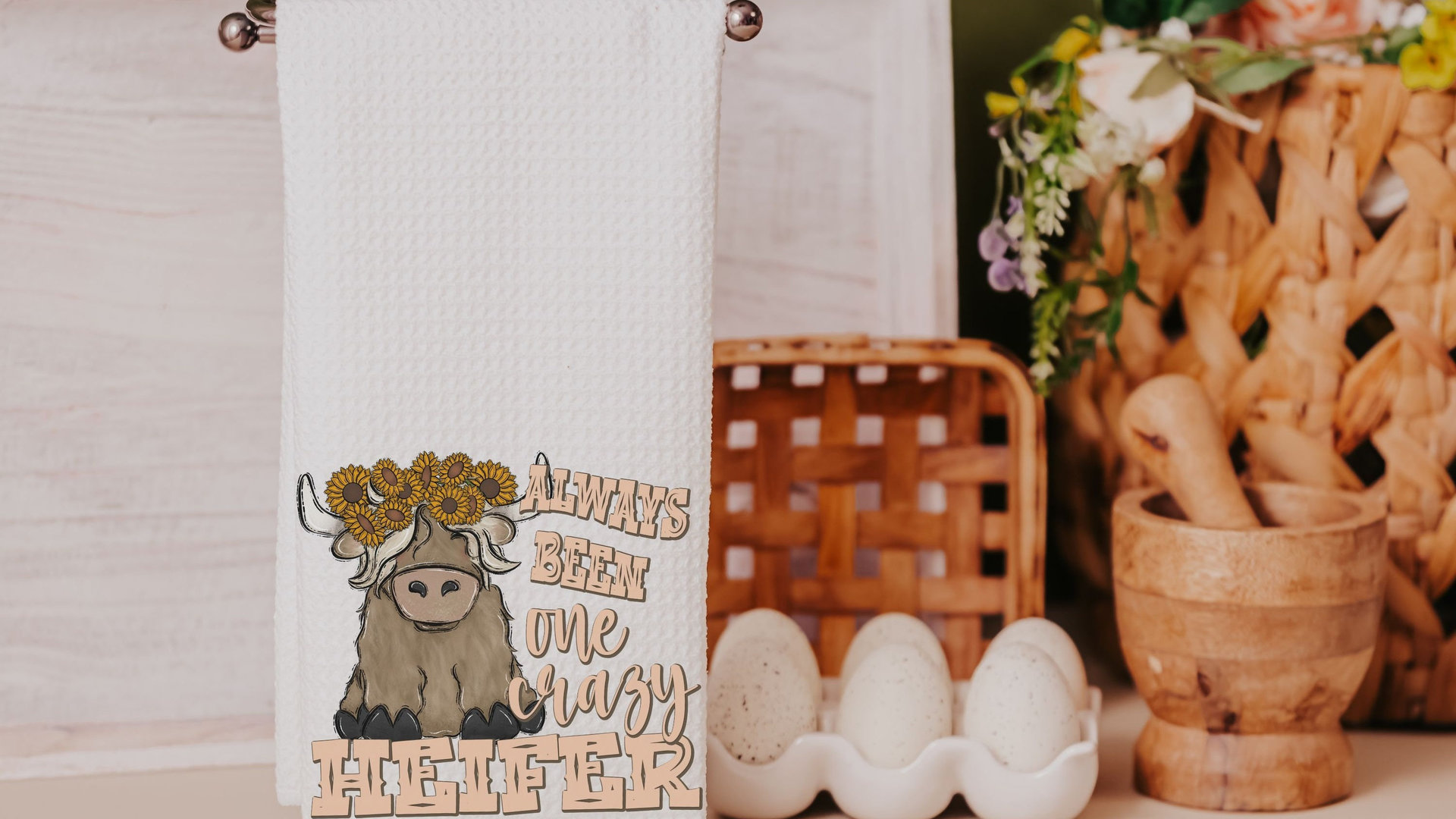 crazy heifer funny kitchen towels for women, highland cow gifts for cow lovers, cute cow kitchen decor, sunflower cow hand towels for