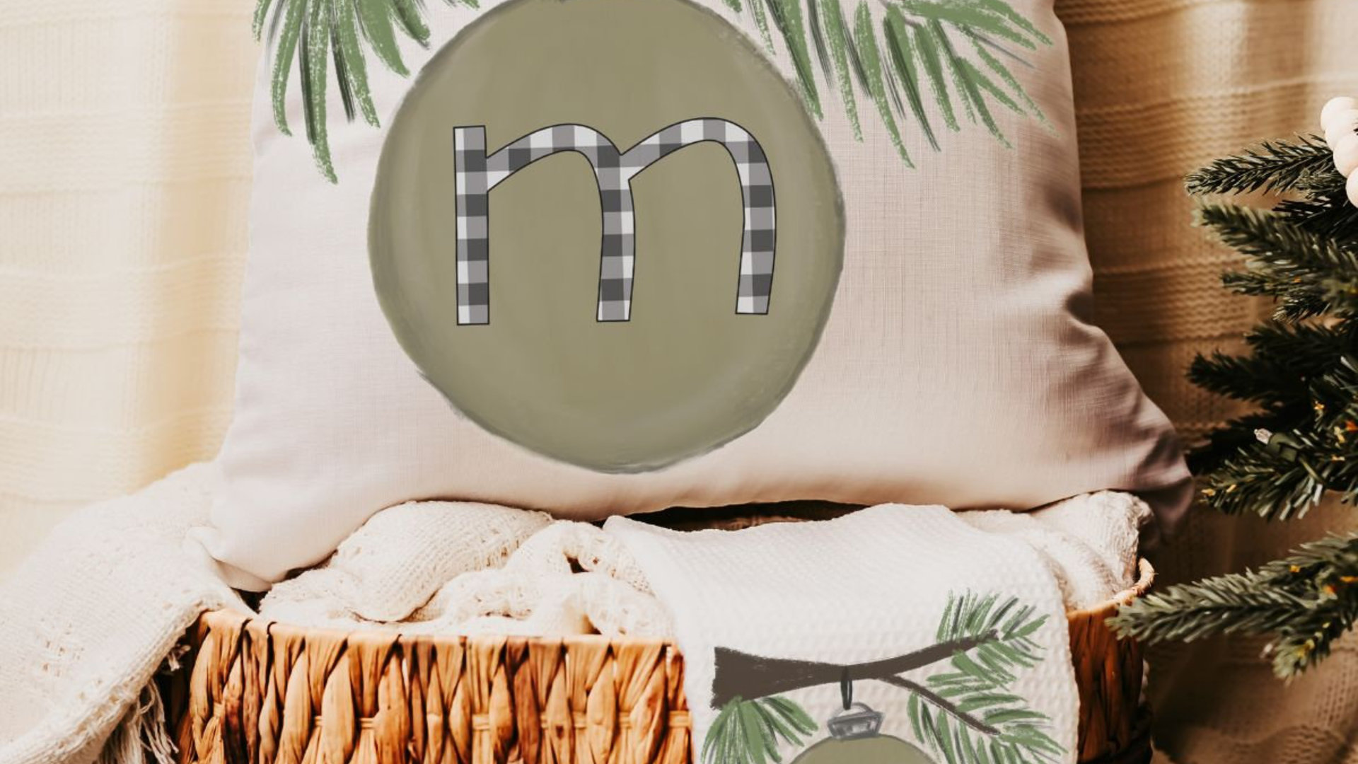 personalized initial hand towel for bathroom, custom farmhouse Christmas kitchen towels for couple, sage green Christmas kitchen decor, best