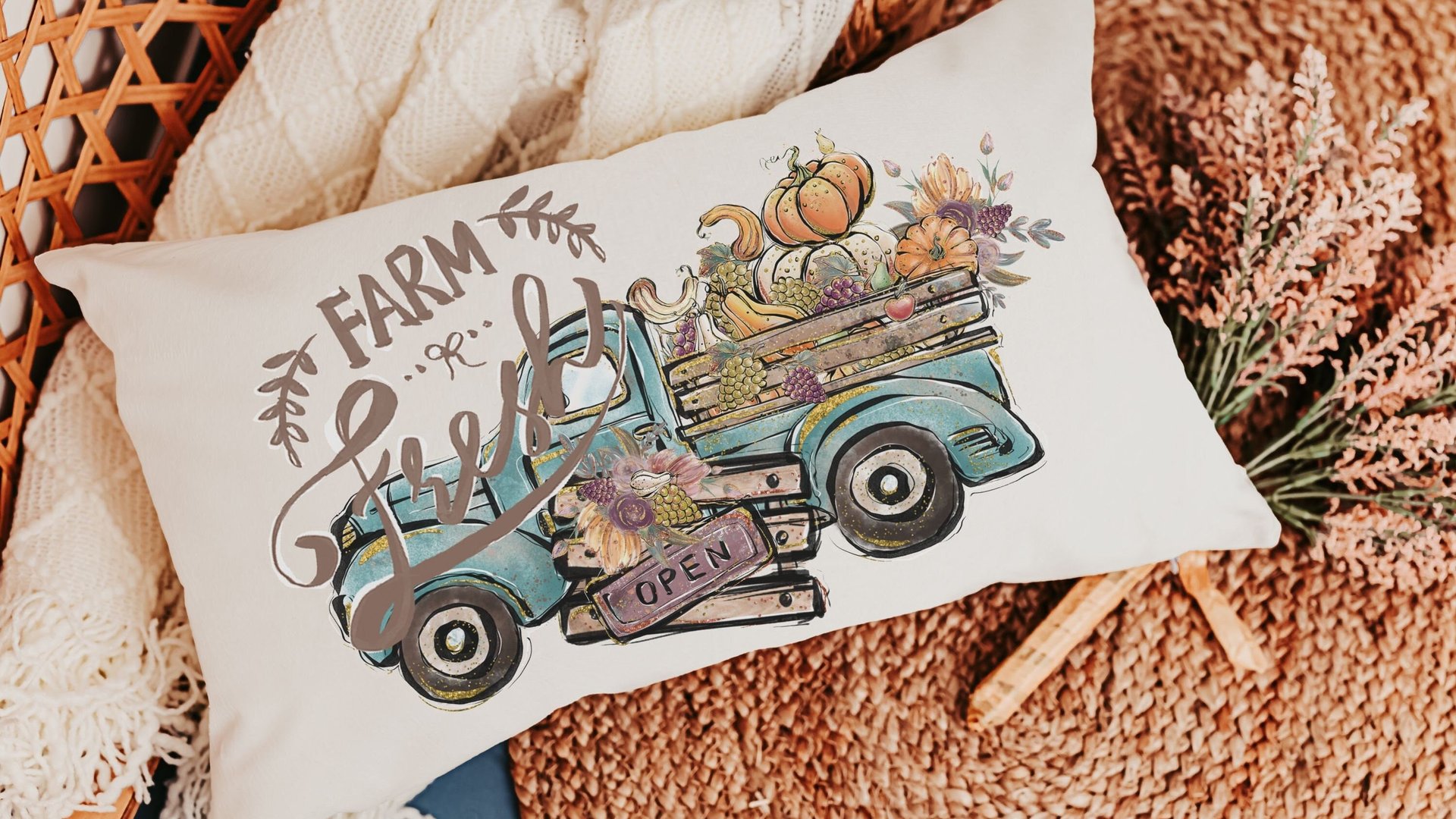 farm fresh pumpkin truck lumbar throw pillow for chair, fall style gift, turquoise fall decor for home pillow, fall host gift, watercolor