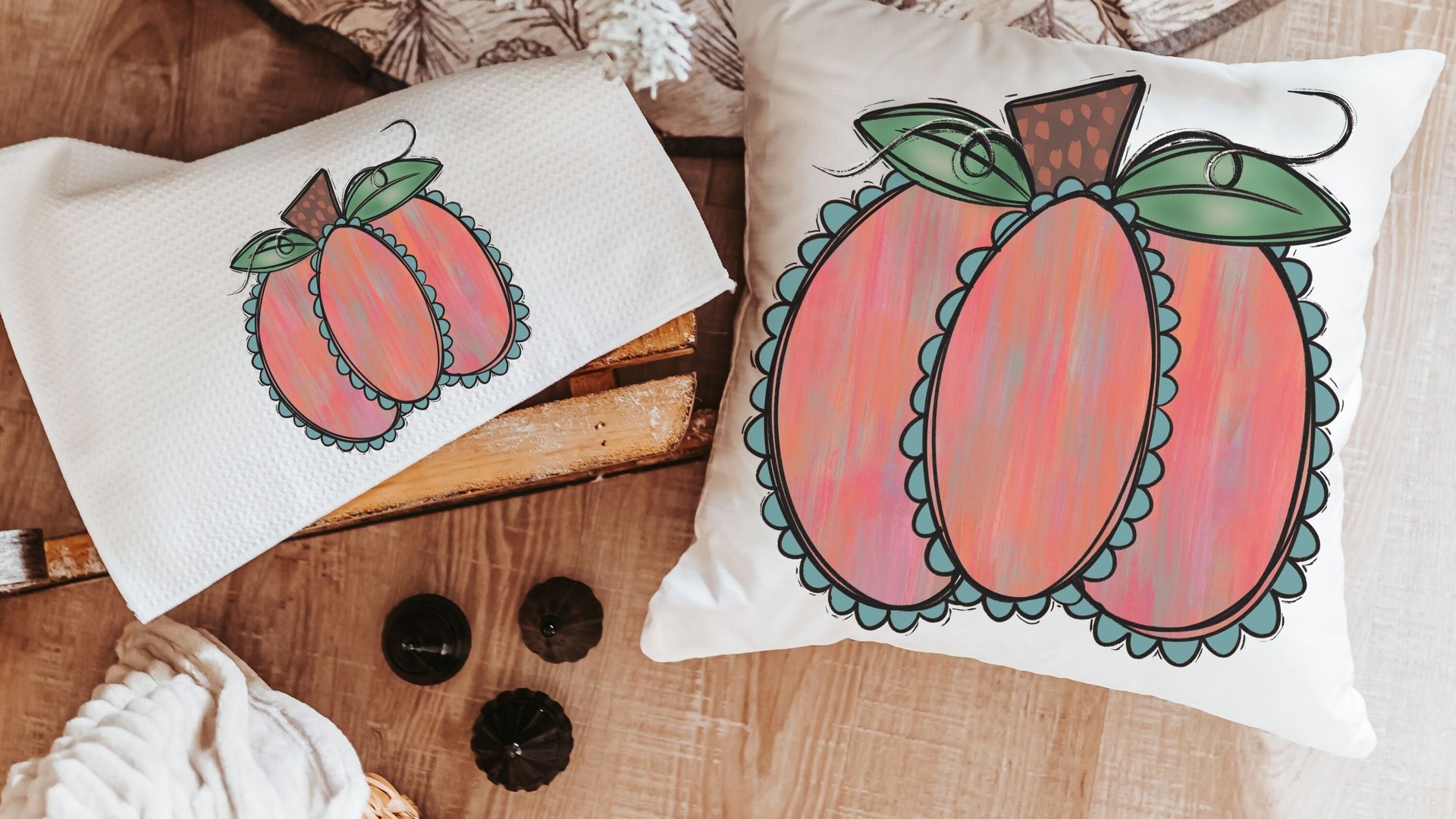 watercolor pumpkin throw pillows for couch trendy fall decor for home, autumn kitchen towels, Thanksgiving hostess gift for women, farmhouse