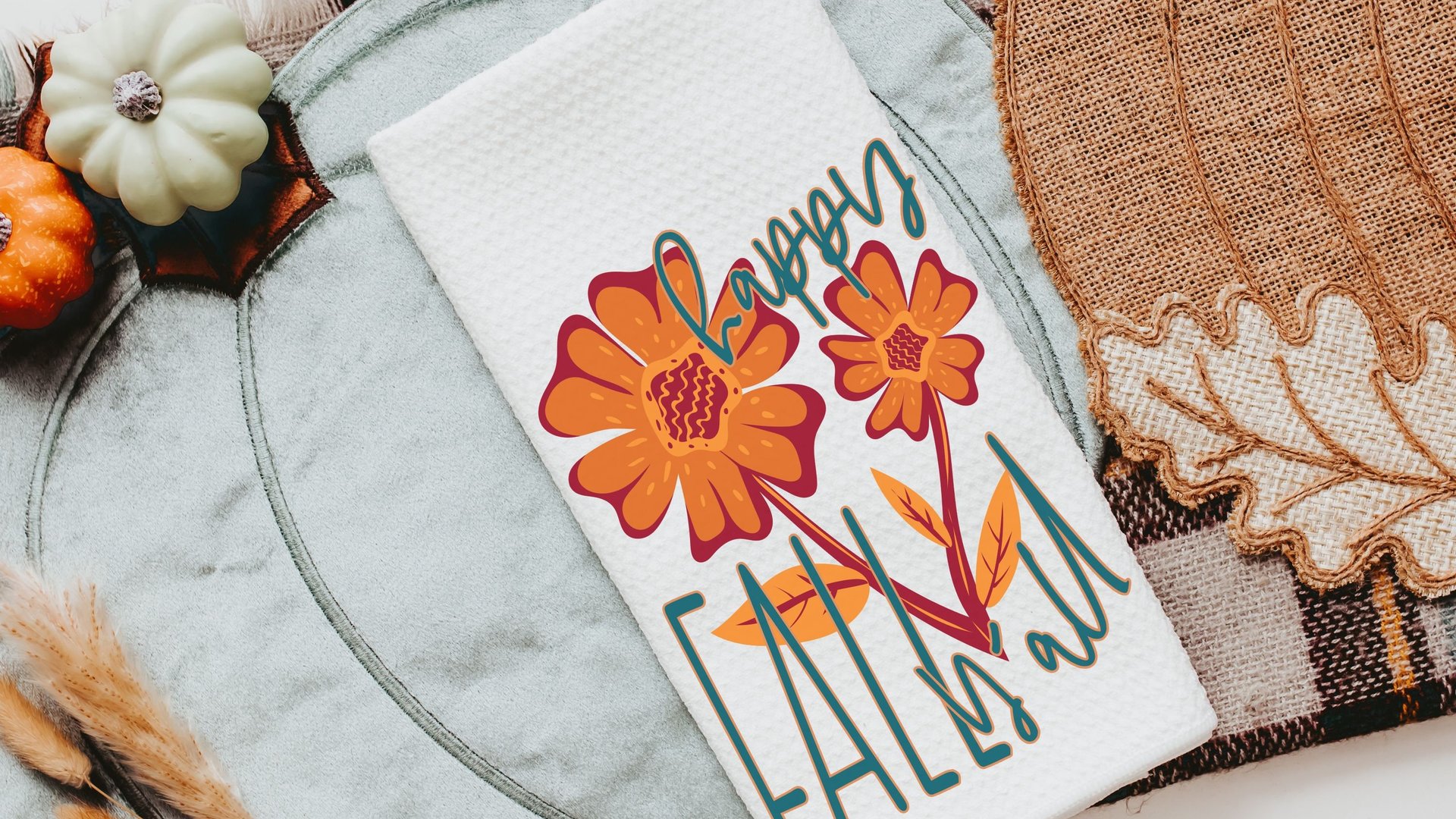 happy fall yall kitchen towels for friends, burgundy and orange flower hand towels for bathroom, fall housewarming gift for women, autumn