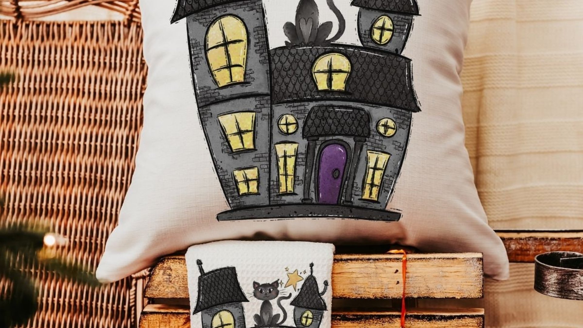 haunted house spooky cute Halloween kitchen towels, whimsigoth decor, whimsical Halloween gift set for women, black cat Halloween decor for