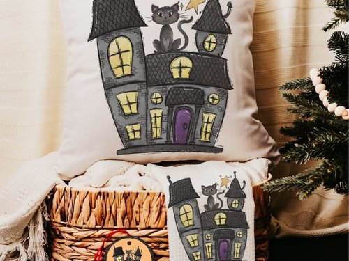 Halloween haunted house pillow, towel, and ornament gift set