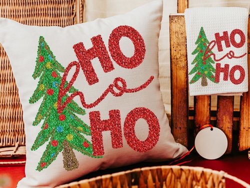 ho ho ho Christmas tree throw pillow for sofa, Christmas housewarming gift set for women, faux sequin Christmas kitchen towels, secret Santa