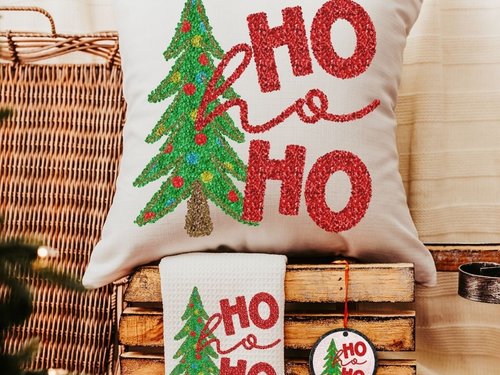 ho ho ho Christmas tree throw pillow for sofa, Christmas housewarming gift set for women, faux sequin Christmas kitchen towels, secret Santa