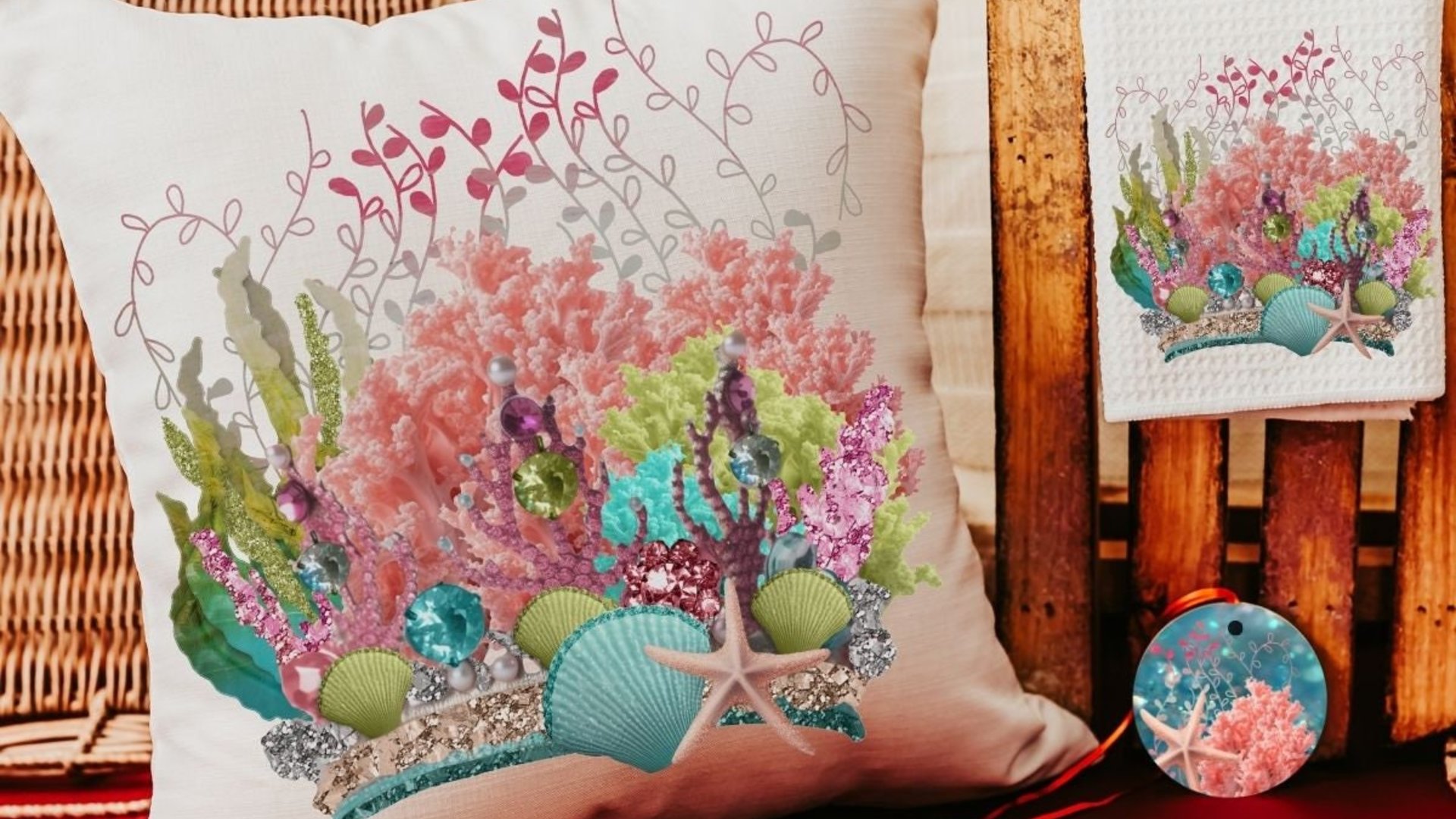 coastal Christmas ornaments for granddaughter, coral reef ornaments for girls, beach house hostess gift for women, housewarming gift set for