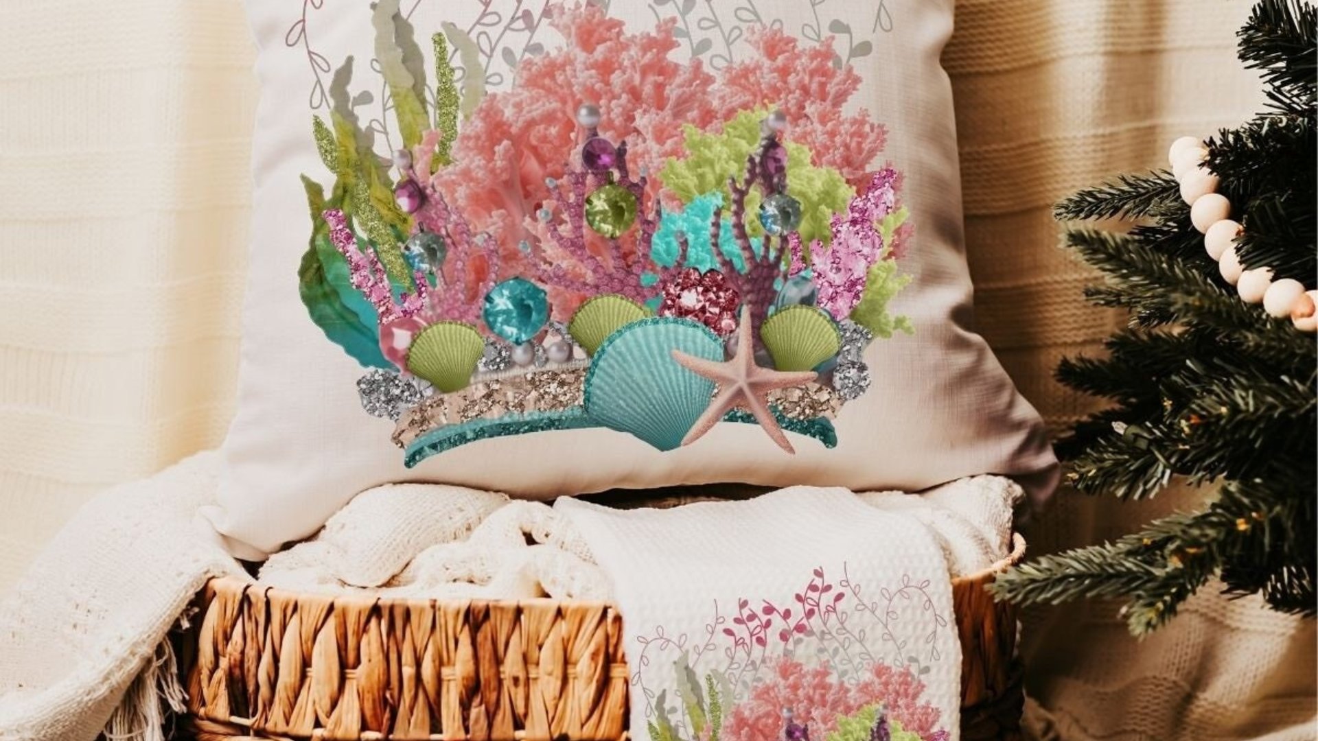 coastal Christmas ornaments for granddaughter, coral reef ornaments for girls, beach house hostess gift for women, housewarming gift set for